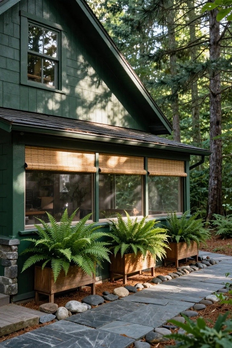 Dark green shingled cottage exterior with bamboo roll-up shades on three lower windows, three large ferns in elevated wooden trough planters along the base, slate stone path edged with rounded river rocks, surrounded by evergreen forest.
