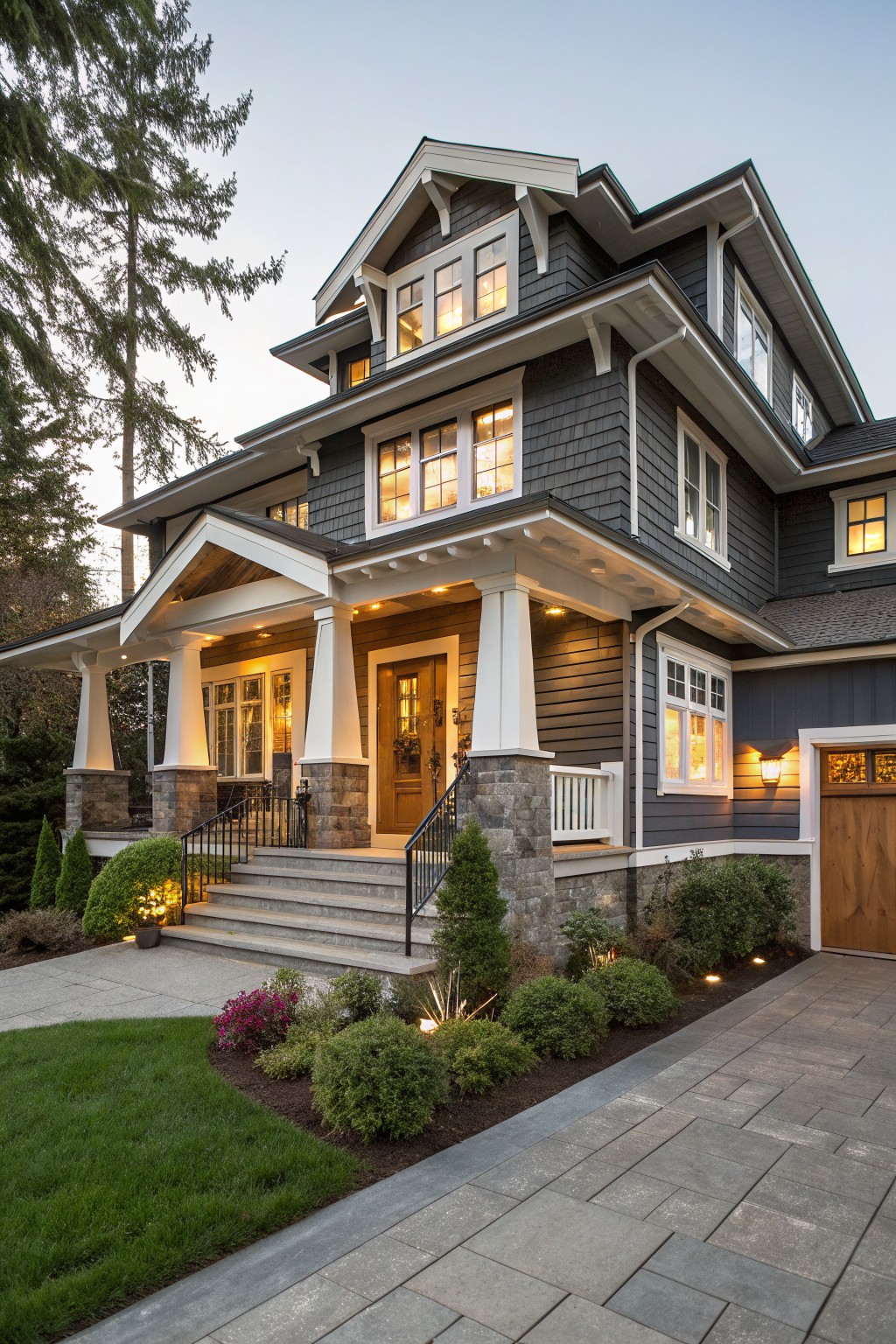 Two-story Craftsman house exterior with dark gray shingle siding, white trim, gabled front porch supported by stone columns, wood entry door, landscaped beds, and paved pathway at dusk.