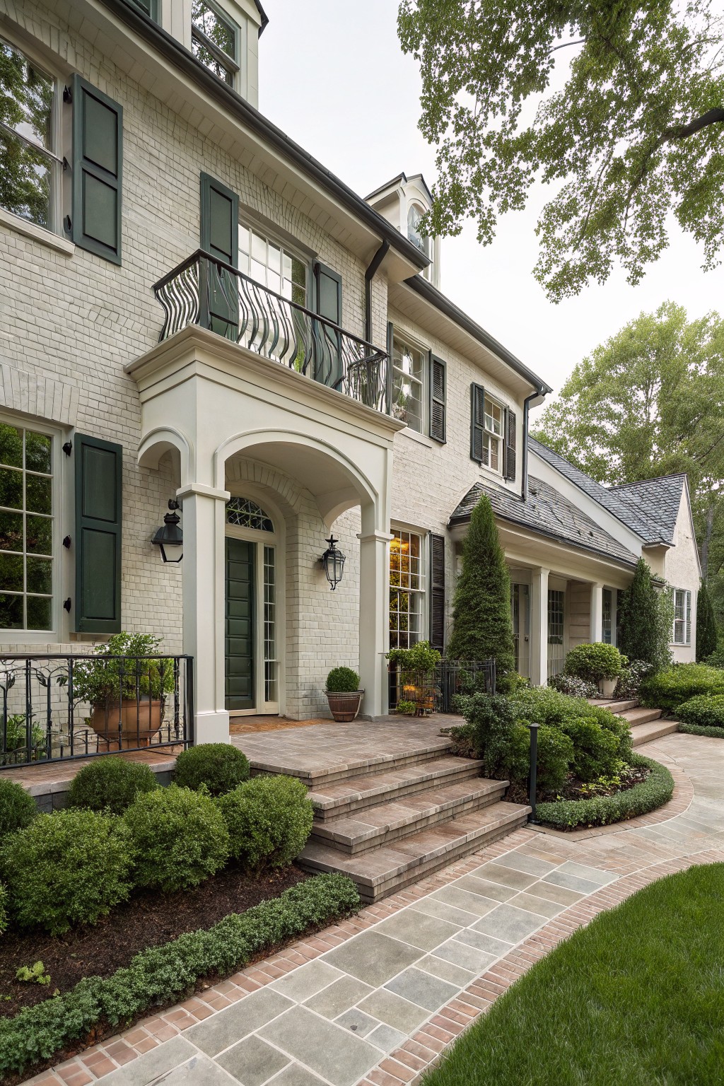 Two-story white painted brick house exterior with dark green shutters, arched portico entryway featuring green door and lanterns, wrought iron balcony above, brick steps, and landscaped front yard with shrubs and pathway.