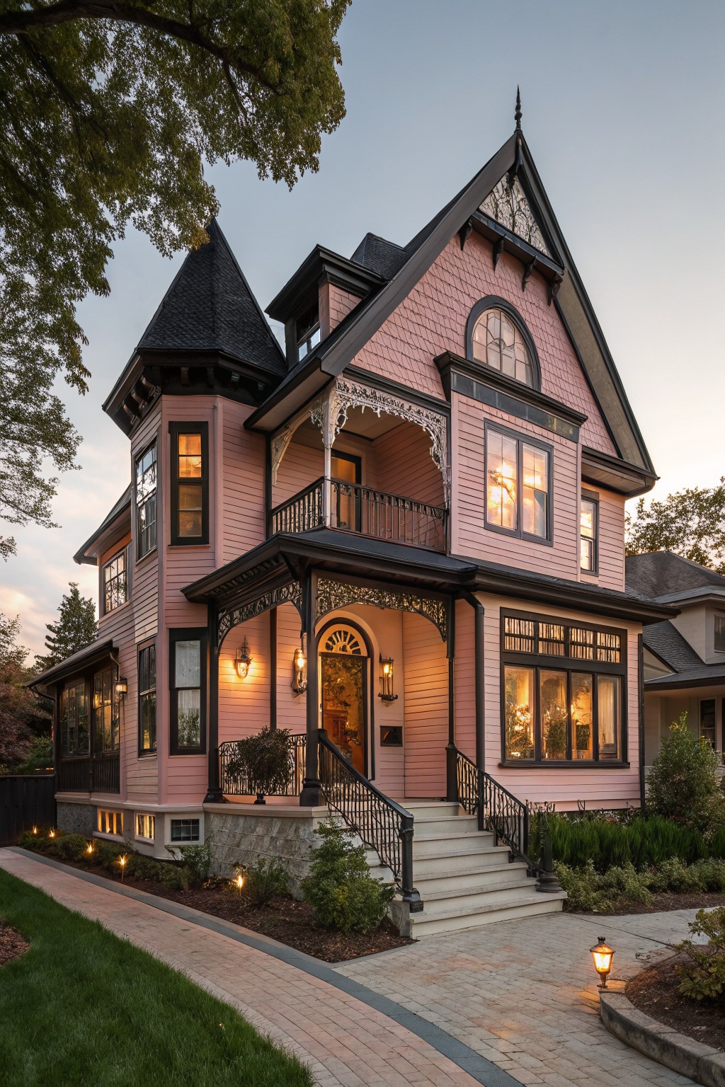 Two-story Victorian house with pink painted brick siding, black trim, steep gabled roofs, ornate porch with balcony, and landscaped front yard at dusk.