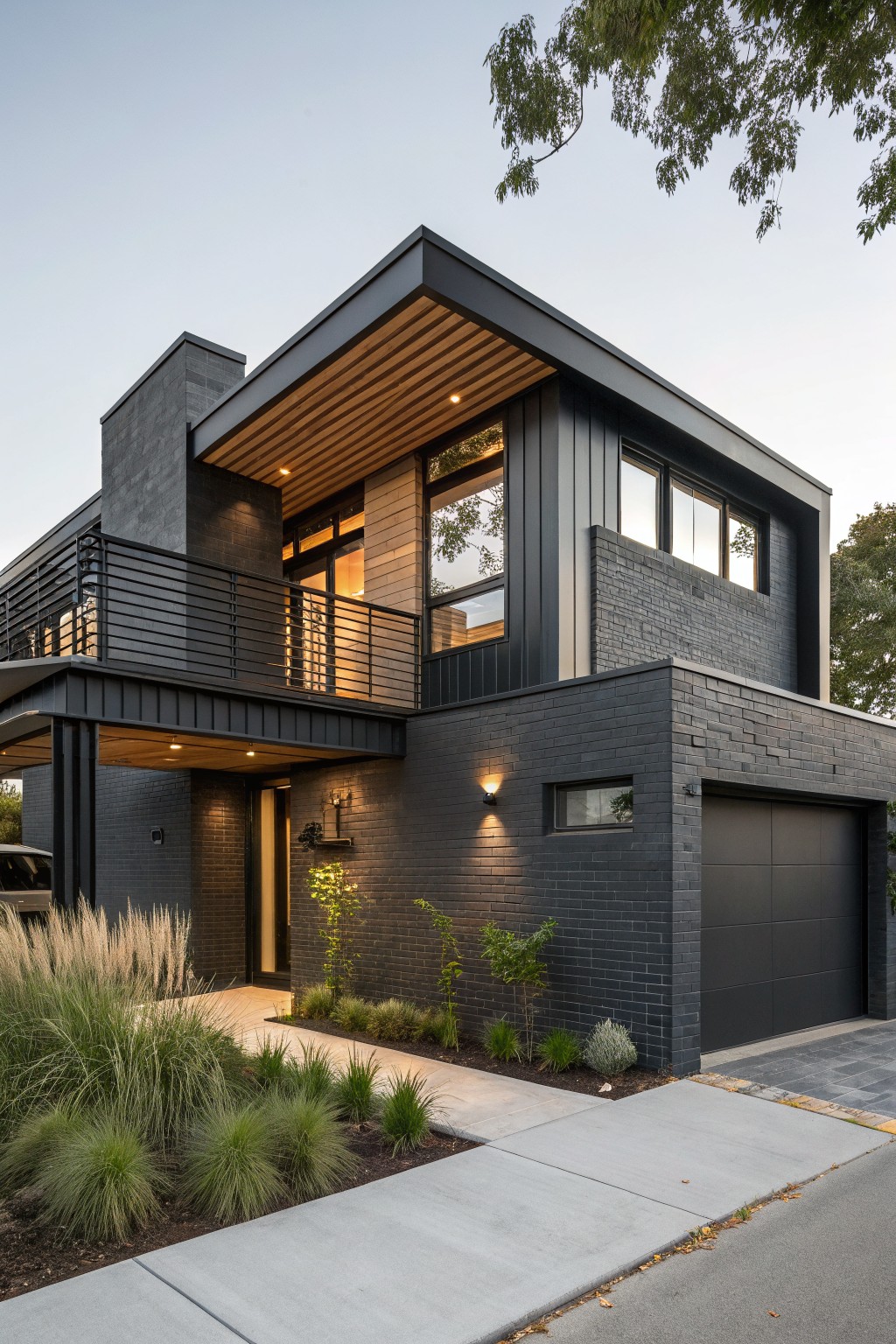 Two-story modern house exterior with dark gray brick walls, cantilevered upper level featuring wooden soffit and lighting, black metal balcony railing and garage door, large windows, and front yard planting with grasses and small shrubs.