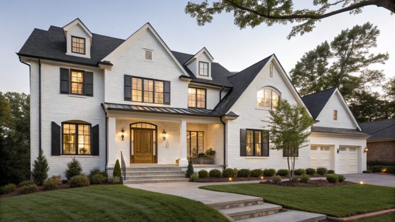 Two-story house exterior featuring white painted brick walls, black-framed windows, dark shingled roof, arched entry porch with wood door and lanterns, steps leading to the front door, and landscaped yard with shrubs and grass at dusk.