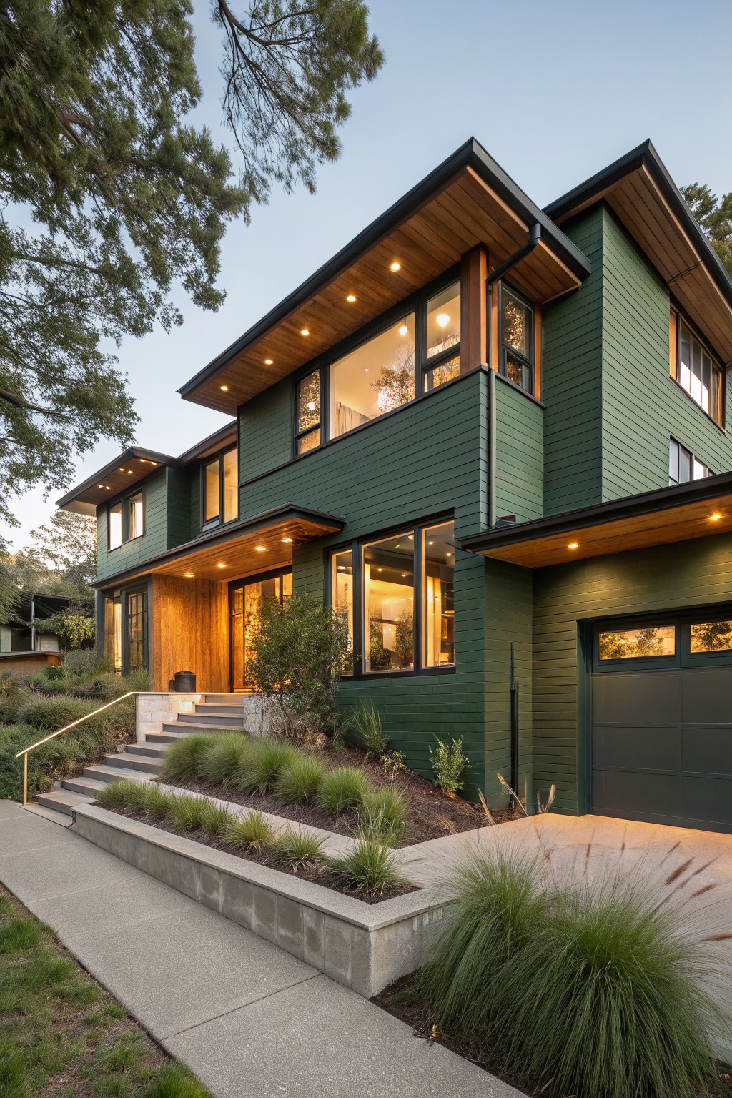 Two-story modern house with dark green vertical siding, cedar wood overhangs and accents, large black-framed windows, wood entry door, concrete stairs with railing, dark garage door, and low native grasses along a concrete walkway.