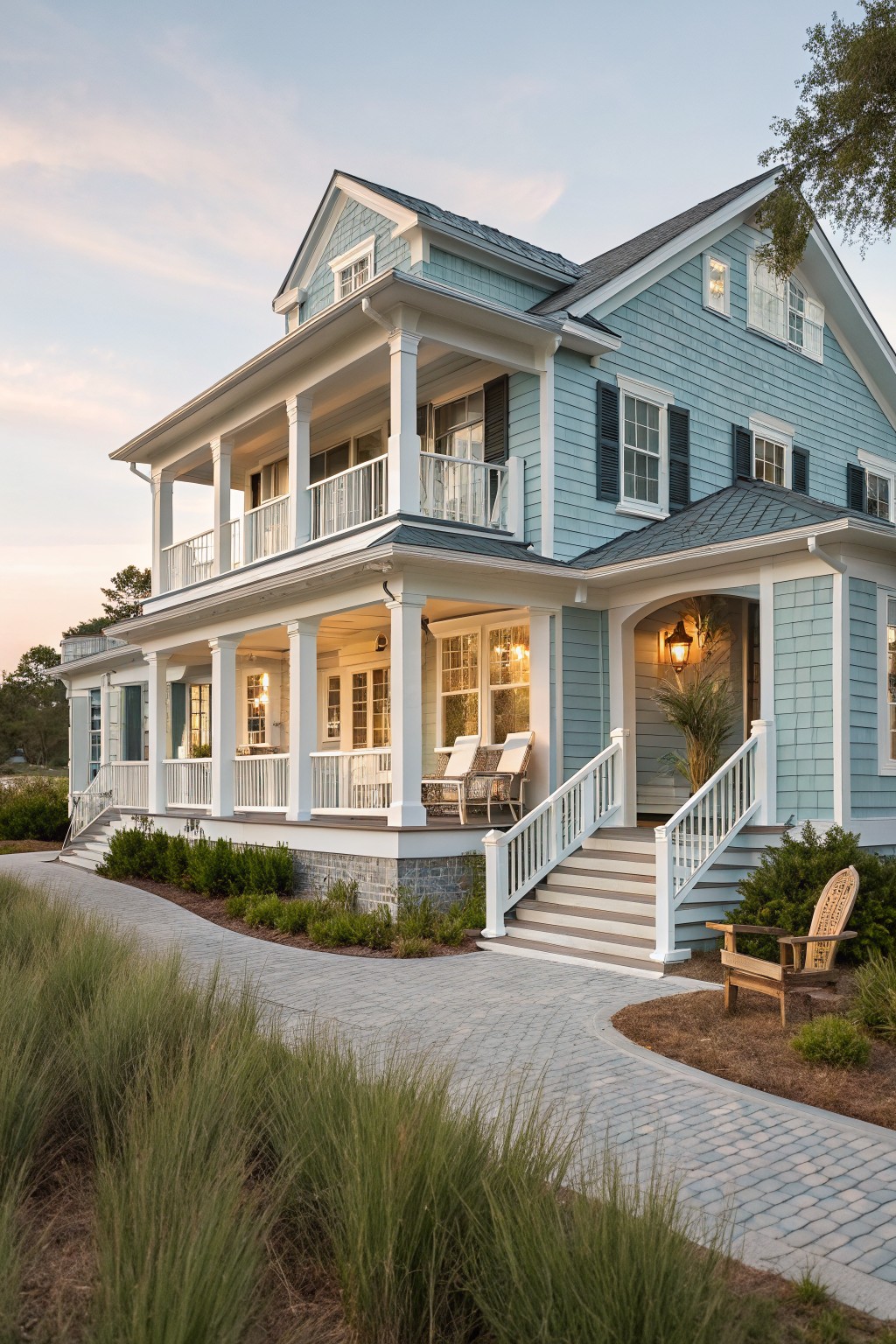 Two-story house with light blue painted shingle siding, white trim and porches with columns, black shutters, entry steps flanked by plants, Adirondack chair, brick path, and sea oats landscaping.