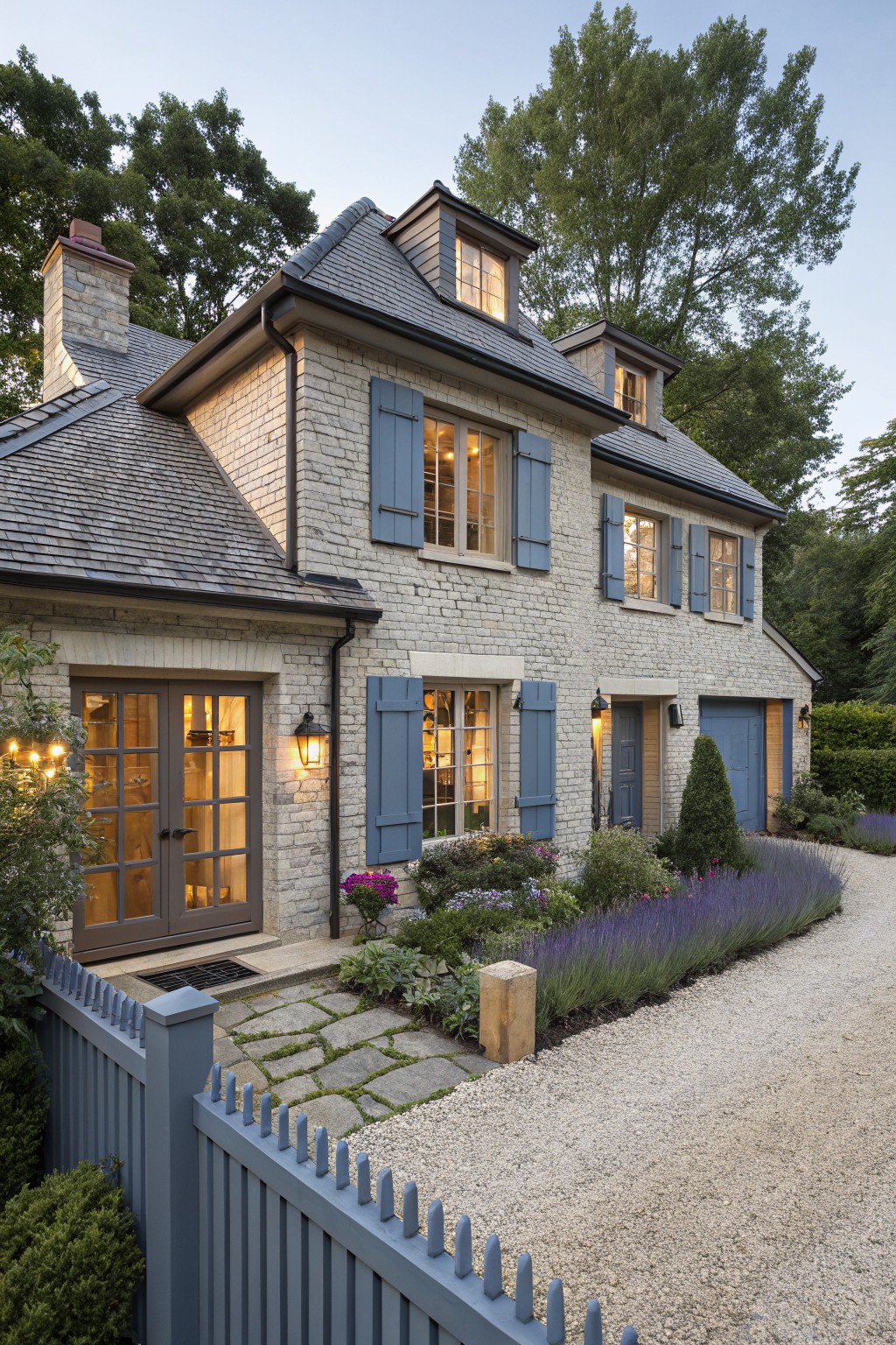 Two-story house exterior featuring light-colored brick walls, navy blue shutters on multiple windows, slate roof, blue front door, garage door, lantern lights, and front garden with lavender plants along a gravel path enclosed by a gray picket fence.