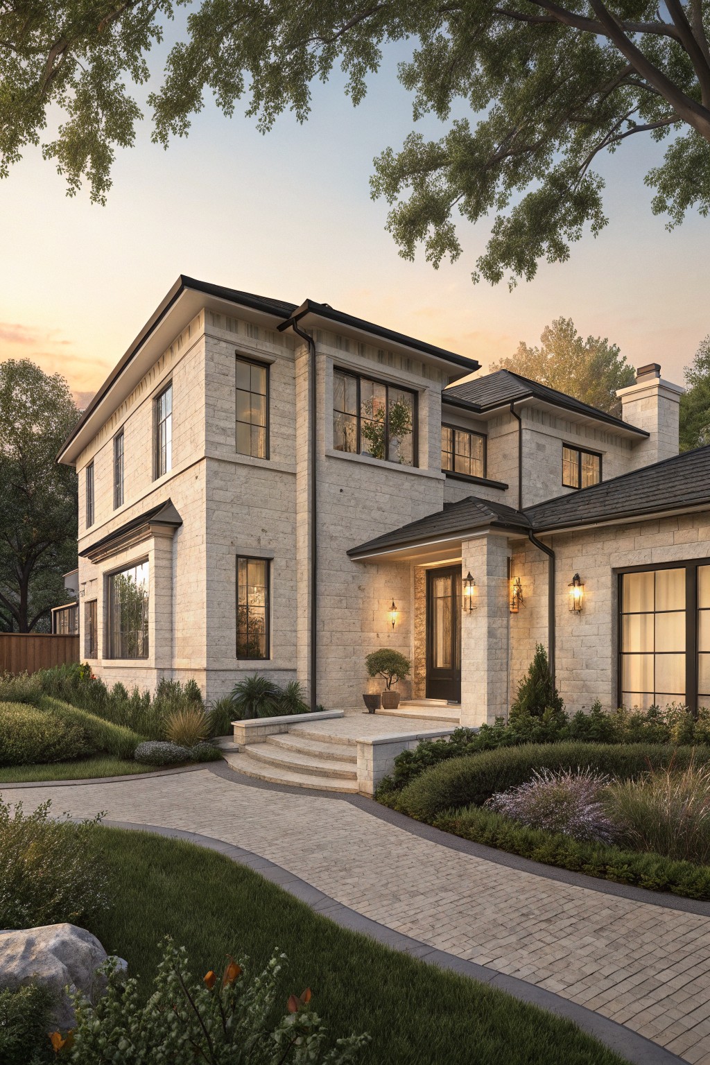 Two-story house exterior featuring light beige brick walls, black-framed windows and roof, stone entry steps with lanterns, and curved brick pathway surrounded by low shrubs and trees at sunset.