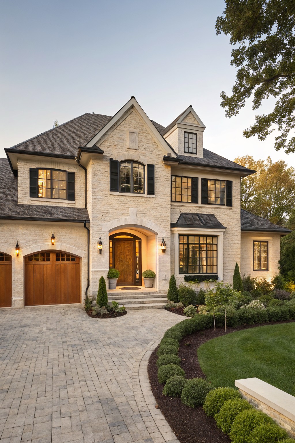 Two-story house exterior featuring light painted brick walls, black-framed windows and trim, wooden arched front door and garage doors, lantern lights, brick paver driveway, and low shrubs along the front yard.