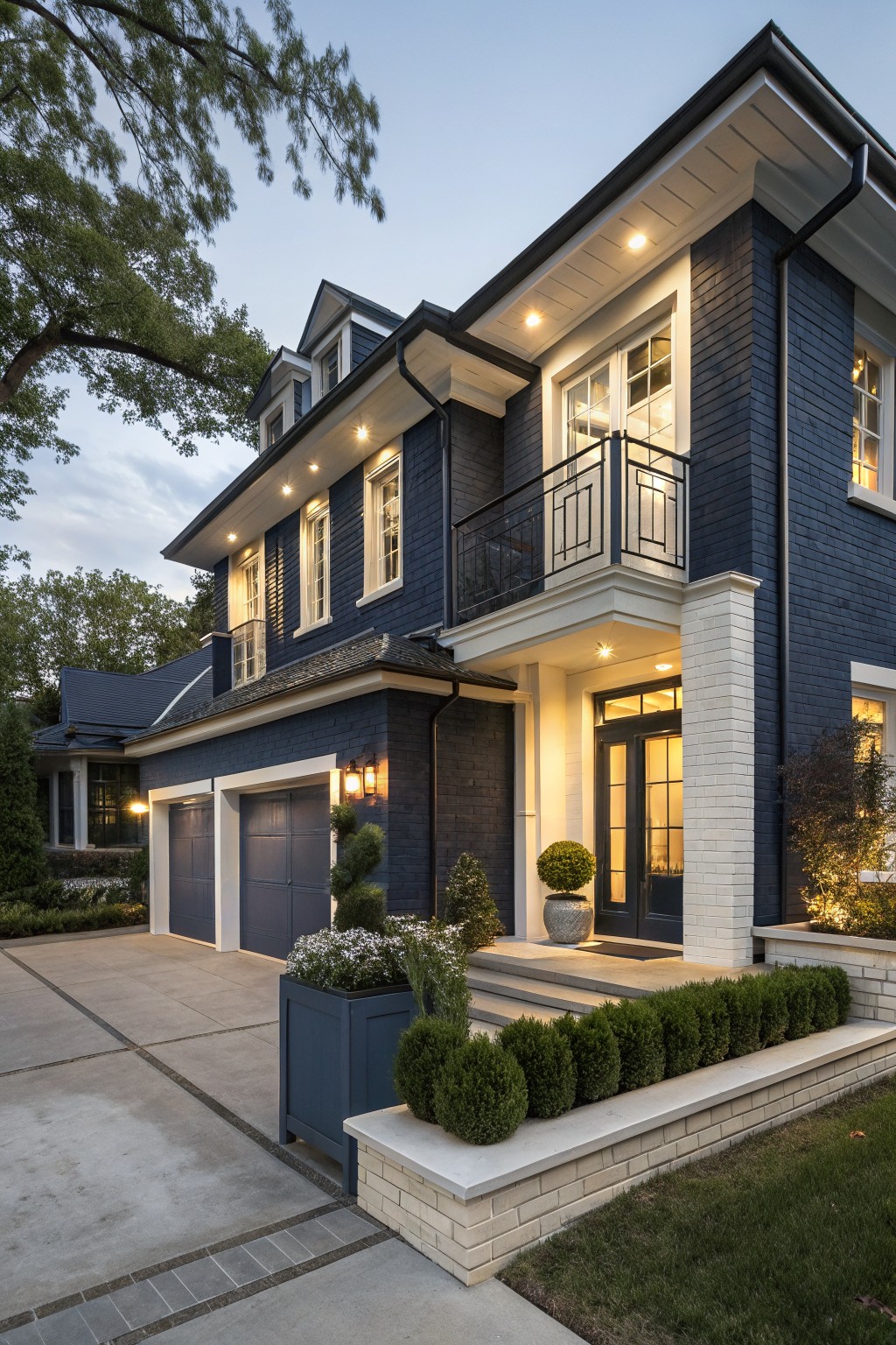 Two-story house exterior with navy blue painted brick walls, white trim on windows and roofline, a second-floor balcony with black railing, double garage doors, front entry porch, potted plants, and low hedges along a concrete driveway at dusk.