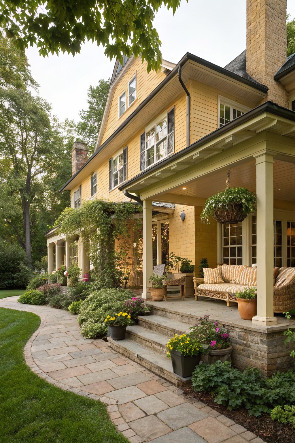 Two-story yellow clapboard house with gabled roof, wraparound porch supported by columns, stone steps leading to the porch, curved paver walkway, and lush landscaping including flower pots and hanging plants.