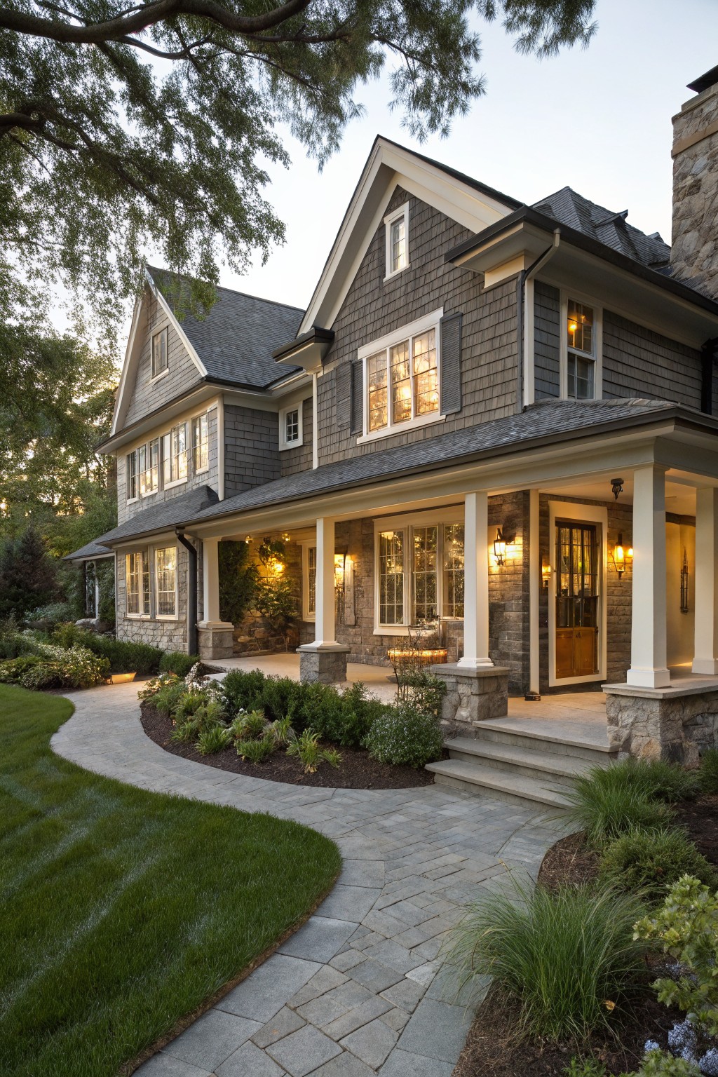 Two-story house with gray shingle siding, stone foundation and porch pillars, wraparound covered porch, wooden front door, large windows, and curved stone path through lawn and plant beds.