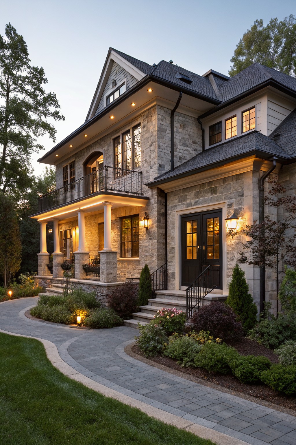 Two-story house exterior featuring gray stone masonry on the lower level, light wood siding and shingled roof above, covered front porch with columns and black double doors, surrounded by landscaped beds and curved paver pathway at dusk.