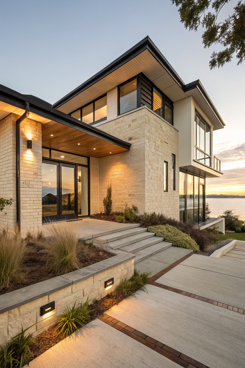 Two-story modern house exterior with light beige stone lower walls, white upper sections, black metal window frames, glass entry doors under a covered porch with wood ceiling and soffits, concrete steps and pathway, low landscaping, and lake view at dusk.