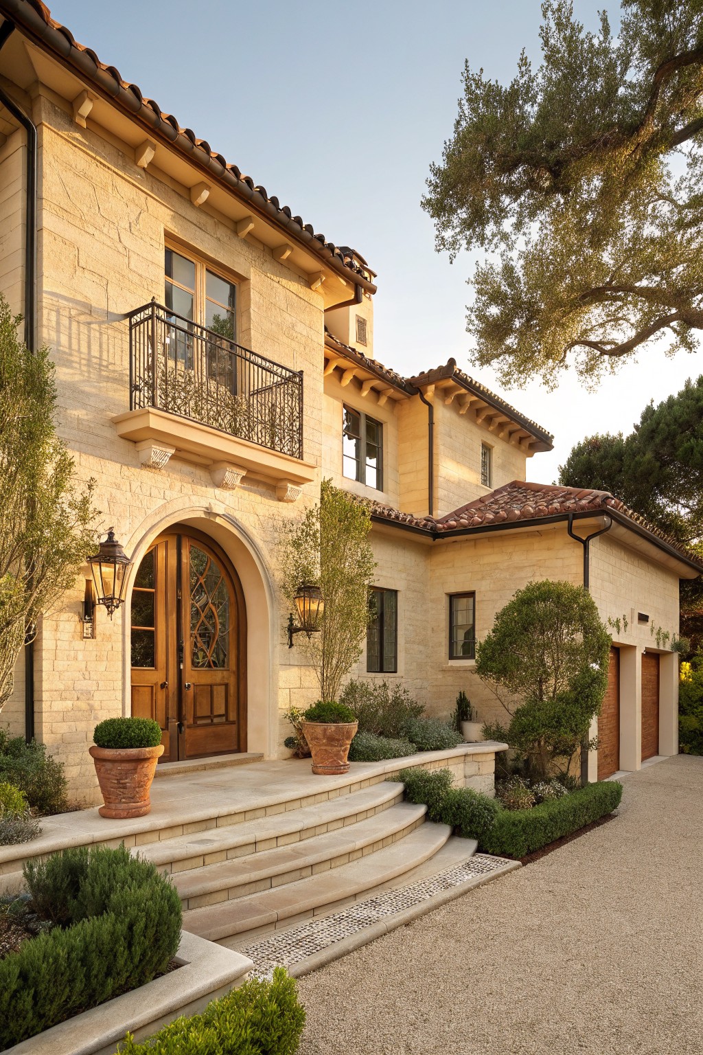 Two-story house exterior with beige stone walls, large arched wooden double door entry flanked by lanterns and potted plants, wrought-iron balcony above, terracotta tile roof, steps leading to the door, and gravel driveway with landscaping.