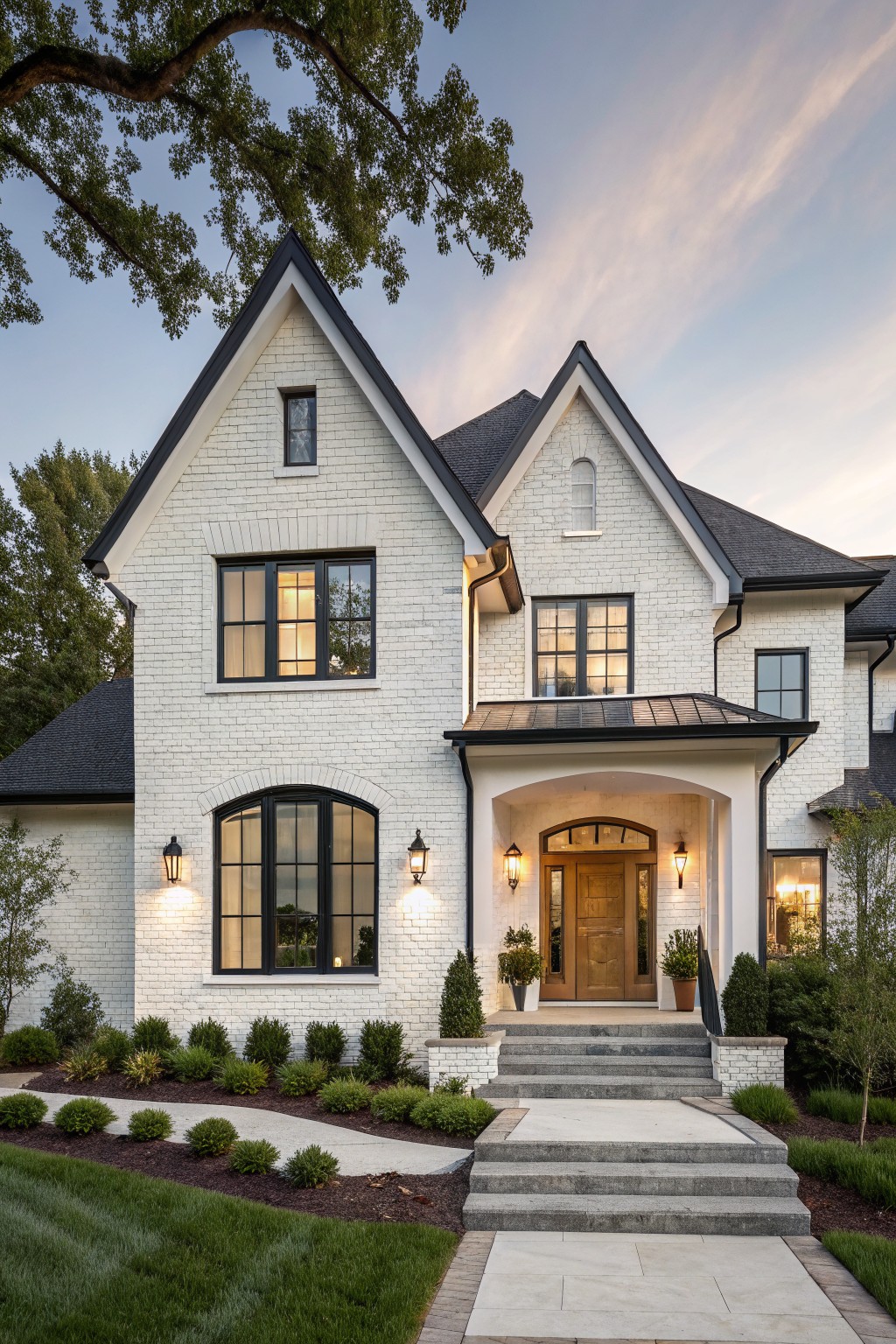 Two-story house exterior featuring white painted brick walls, black-framed windows, dark shingled roof, arched entry porch with wood door and lanterns, steps leading to the front door, and landscaped yard with shrubs and grass at dusk.