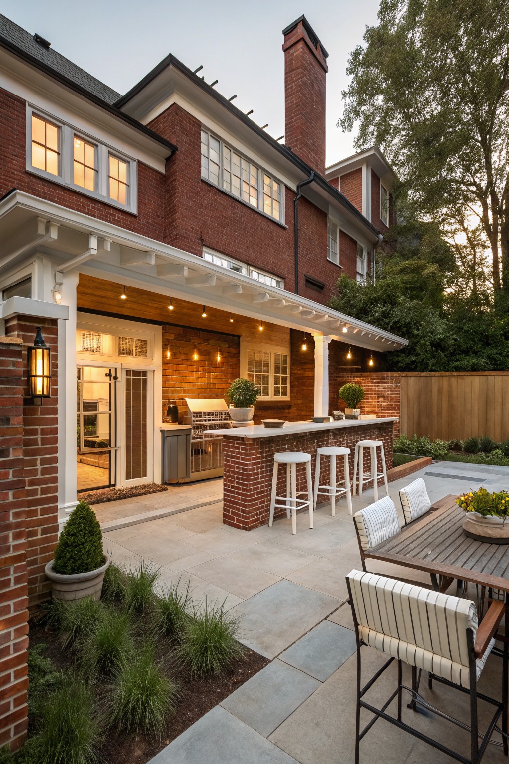 Rear exterior of a two-story red brick house with a covered porch featuring a brick outdoor bar and grill, white barstools, potted plants, and a nearby teak dining table on a bluestone patio edged by low plantings and a wooden fence.
