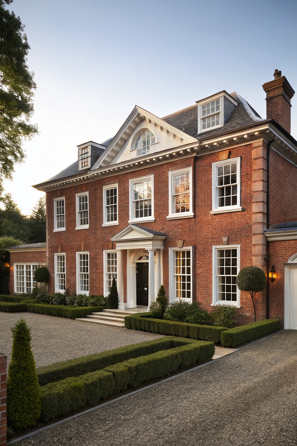Two-story red brick house with white classical pedimented portico entrance, multiple sash windows, brick chimney, boxwood hedges, and gravel driveway.