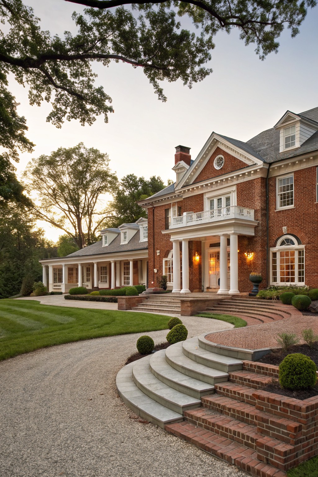 Red brick house exterior featuring a white columned portico at the entry, curved stone steps, gravel driveway, and landscaped lawn with trees.