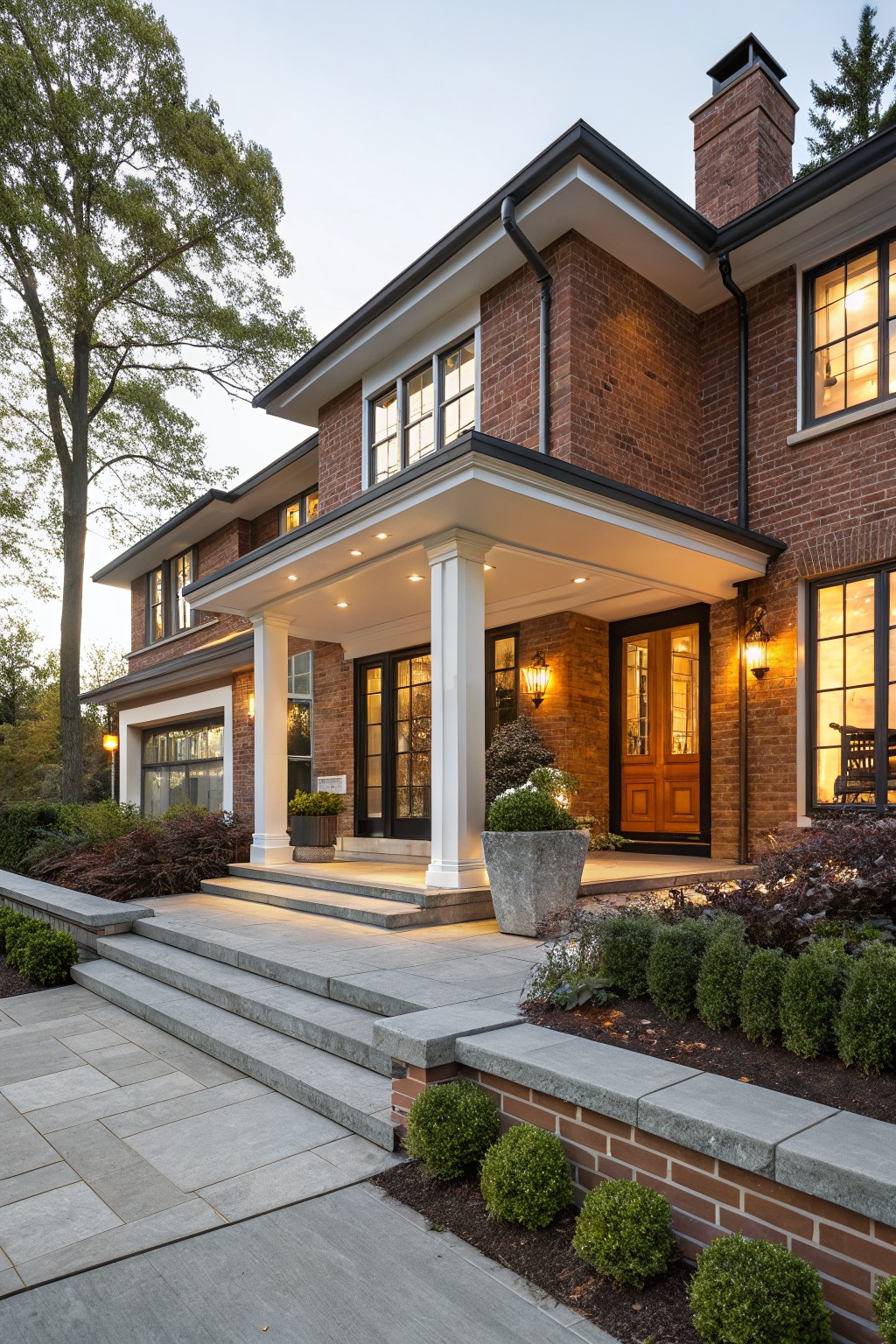 Front view of a two-story red brick house with white trim and roof overhang, featuring a covered porch with white columns, double wooden doors, potted plants, stone steps, and low landscaping along the base.