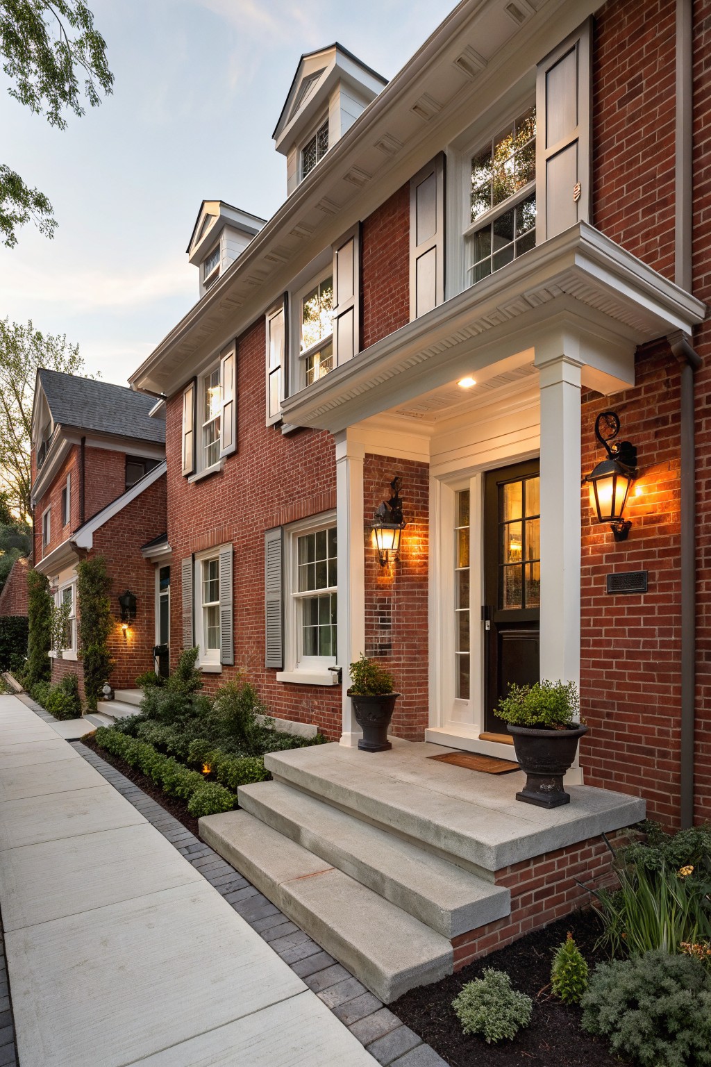 Red brick house exterior with white trim, shutters, and a covered front porch featuring columns, black lanterns, glass door, concrete steps, potted plants, and low landscaping beds along a sidewalk at evening.