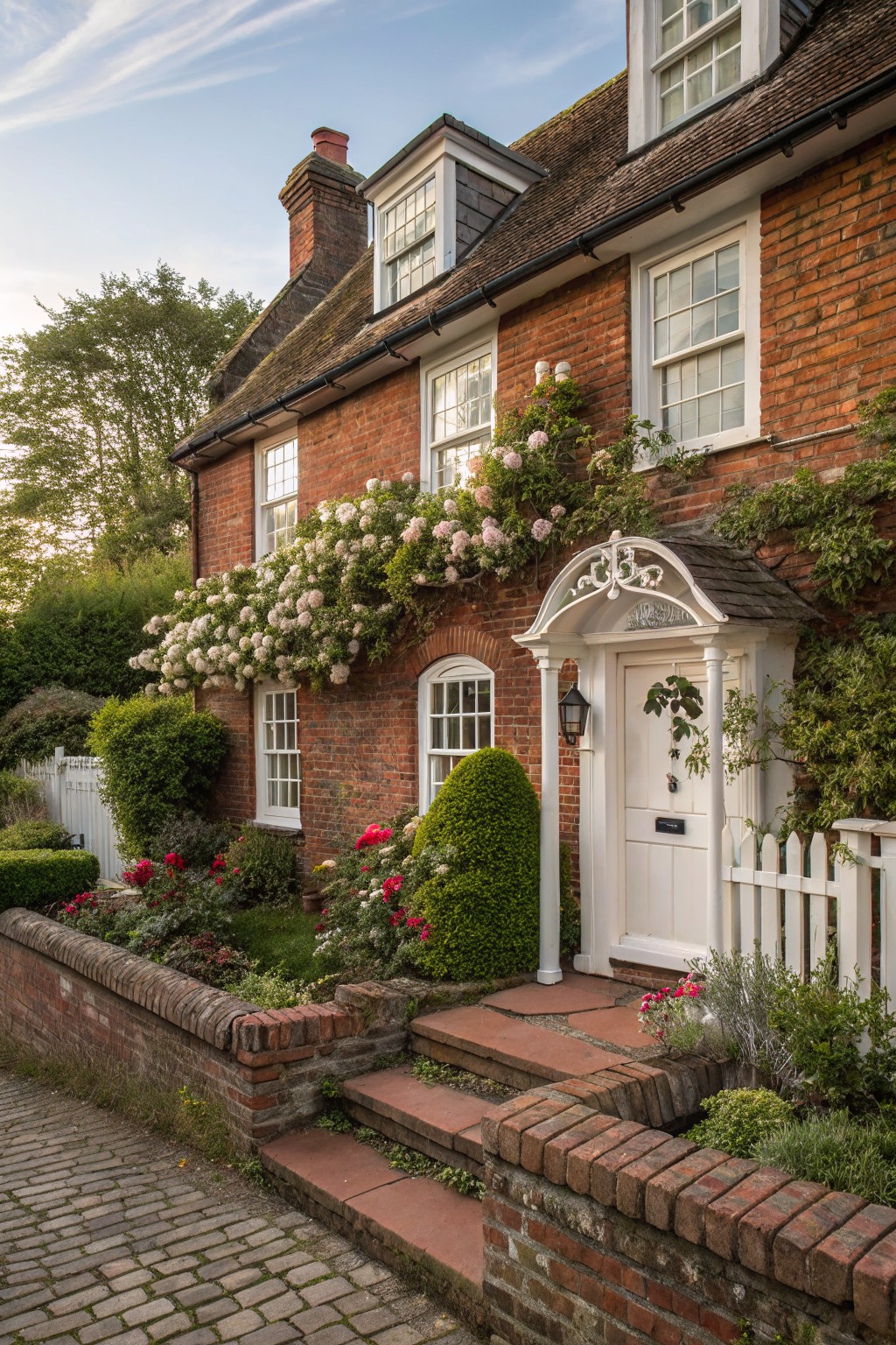 A two-story red brick house with white sash windows and trim, featuring a white pedimented porch with columns over the front door draped in pink climbing roses, flower beds, boxwoods, and a low brick wall with steps beside a cobblestone path.
