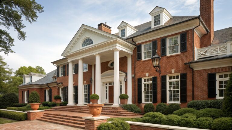 Red brick house exterior with white-columned portico, wooden front door, brick steps, lanterns, potted plants, and boxwood shrubs.