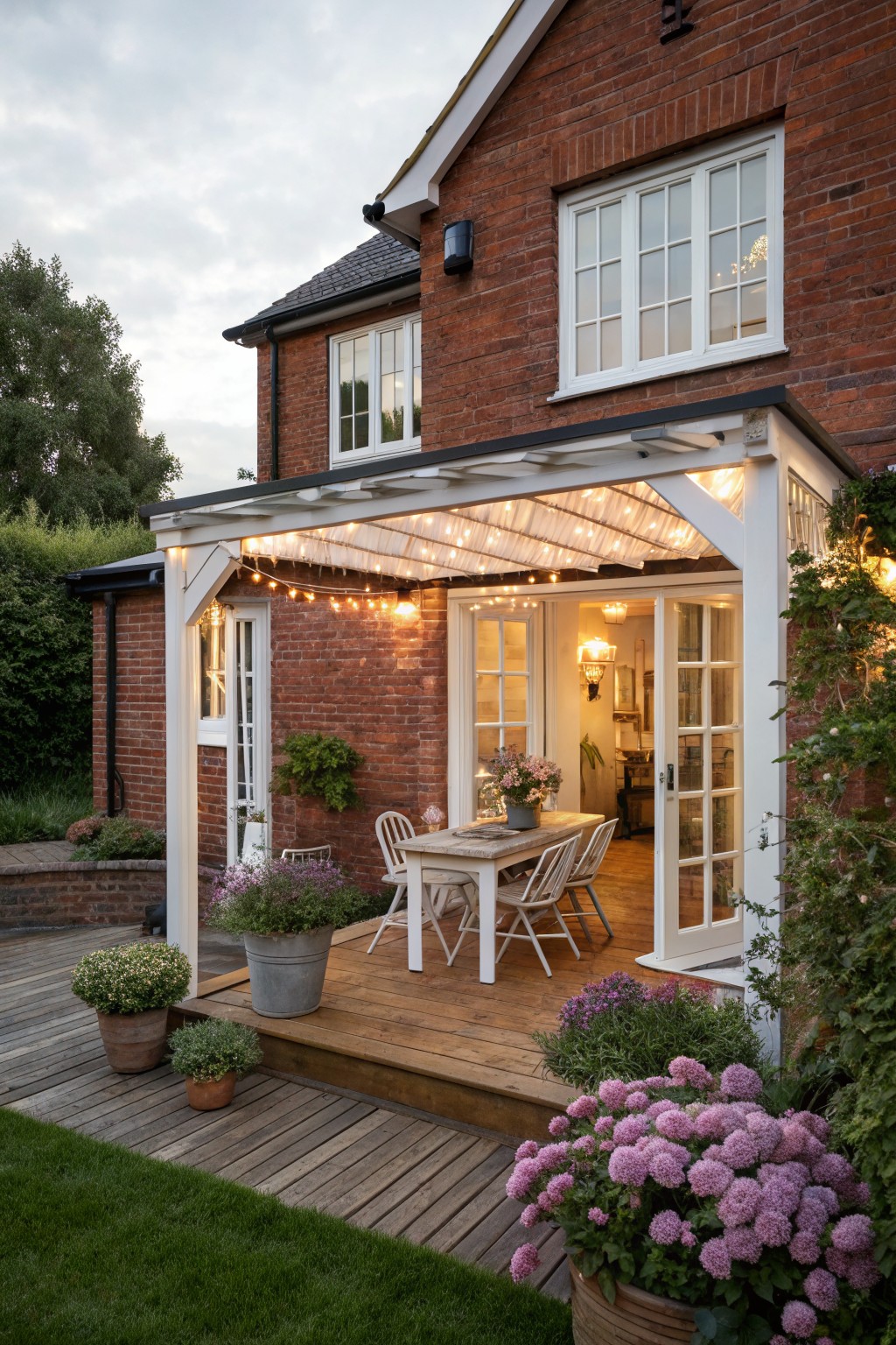 Red brick house exterior with white pergola over wooden deck, outdoor dining table and chairs, string lights, potted plants, and open French doors to interior.
