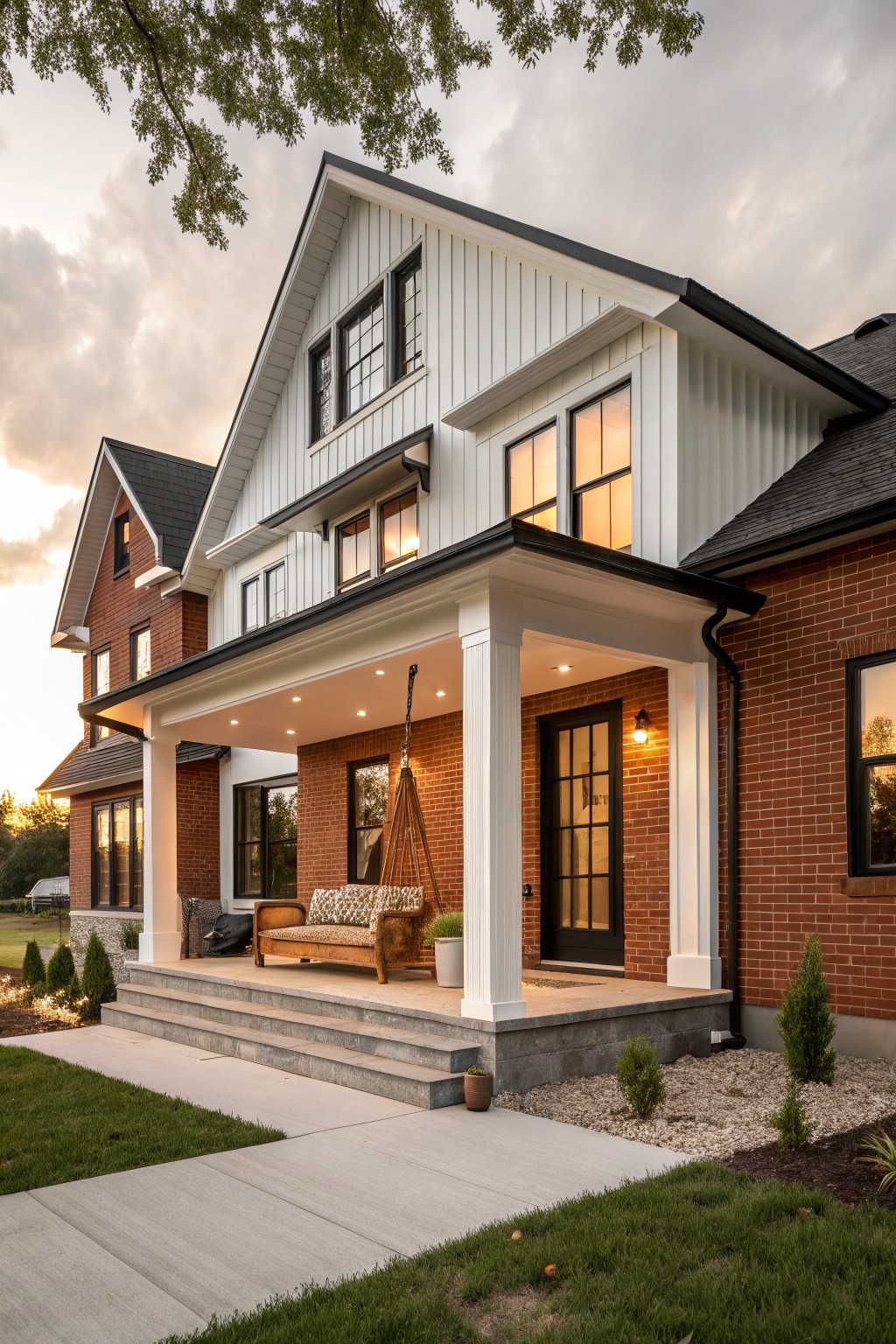 Two-story house exterior with red brick lower level and chimney, white vertical siding on upper level and porch, covered front porch with hanging swing and furniture, concrete steps, gravel and plant beds, at sunset.