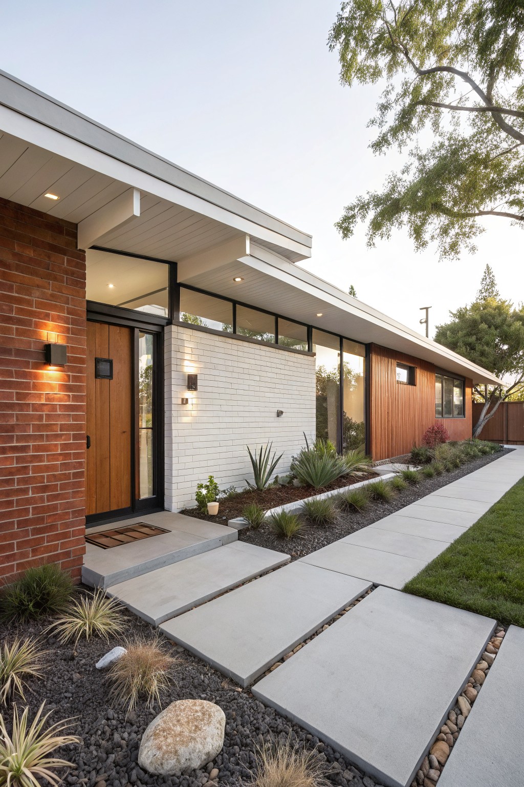 Side exterior view of a mid-century modern house showing red brick wall at the wooden entry door, adjacent white stucco wall, cedar wood siding, glass windows, recessed lights, concrete steps and pathway, and drought-tolerant plants with gravel mulch.