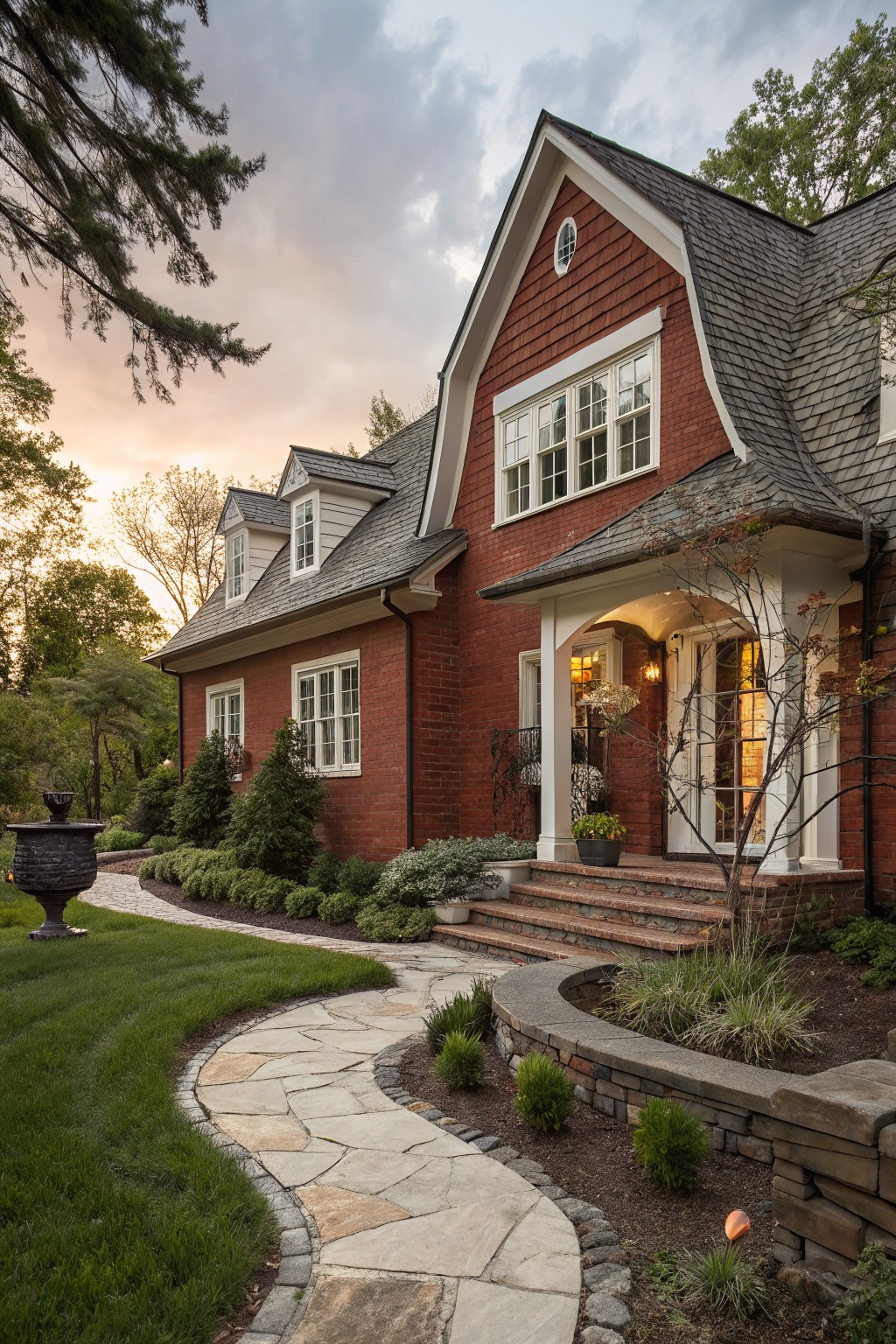 Red brick house exterior featuring shingled gables and roof, white trim on windows and arched front porch entry, stone pathway, low plantings, and lawn at sunset.
