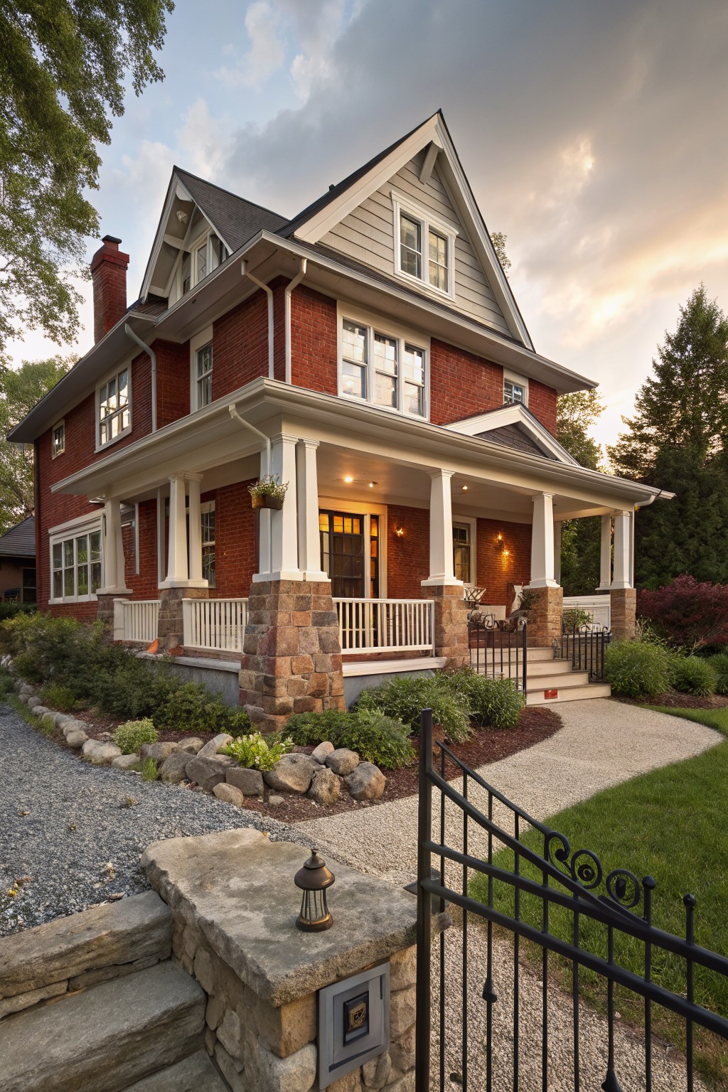 Two-story red brick house with gabled roof, white trim, covered front porch supported by white columns on stone piers, white railing, plants, stone steps, and black wrought iron gate.