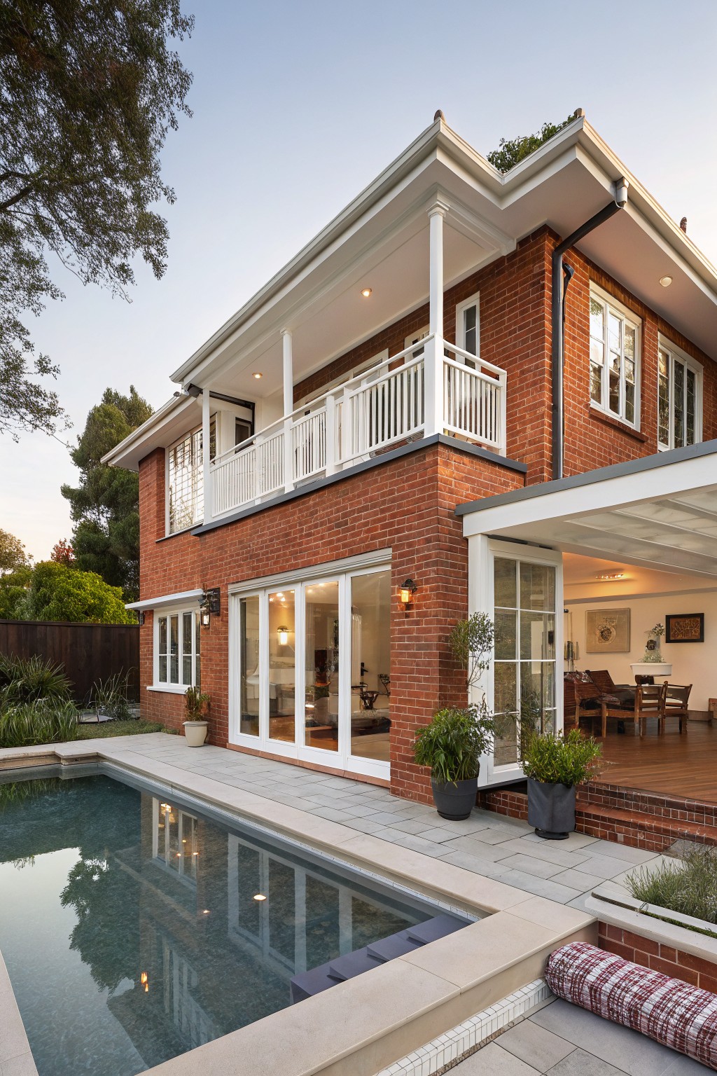 Two-story red brick house exterior featuring a white-trimmed balcony upstairs, ground-level patio with bi-fold doors, inground pool, potted plants, and garden in the background at dusk.