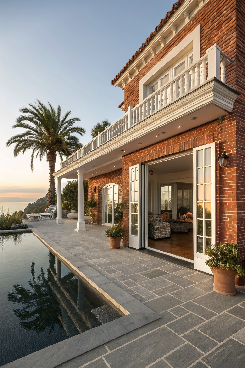 Side exterior of a two-story red brick house with white trim, balcony railing, and columns on a terrace next to an infinity-edge pool, palm trees, plants in pots, open French doors to indoor living area, and ocean view at sunset.