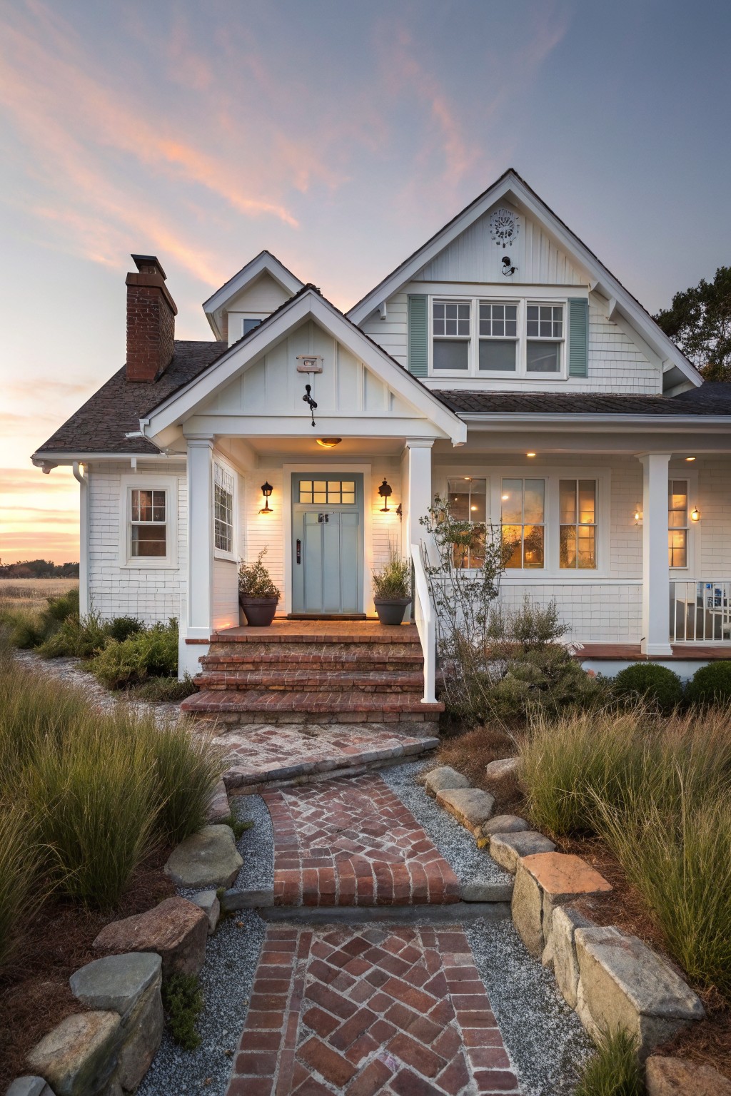 White shingle-style house exterior at sunset with turquoise front door on a columned porch, red brick steps, and winding brick path edged by stones and ornamental grasses in the front yard.