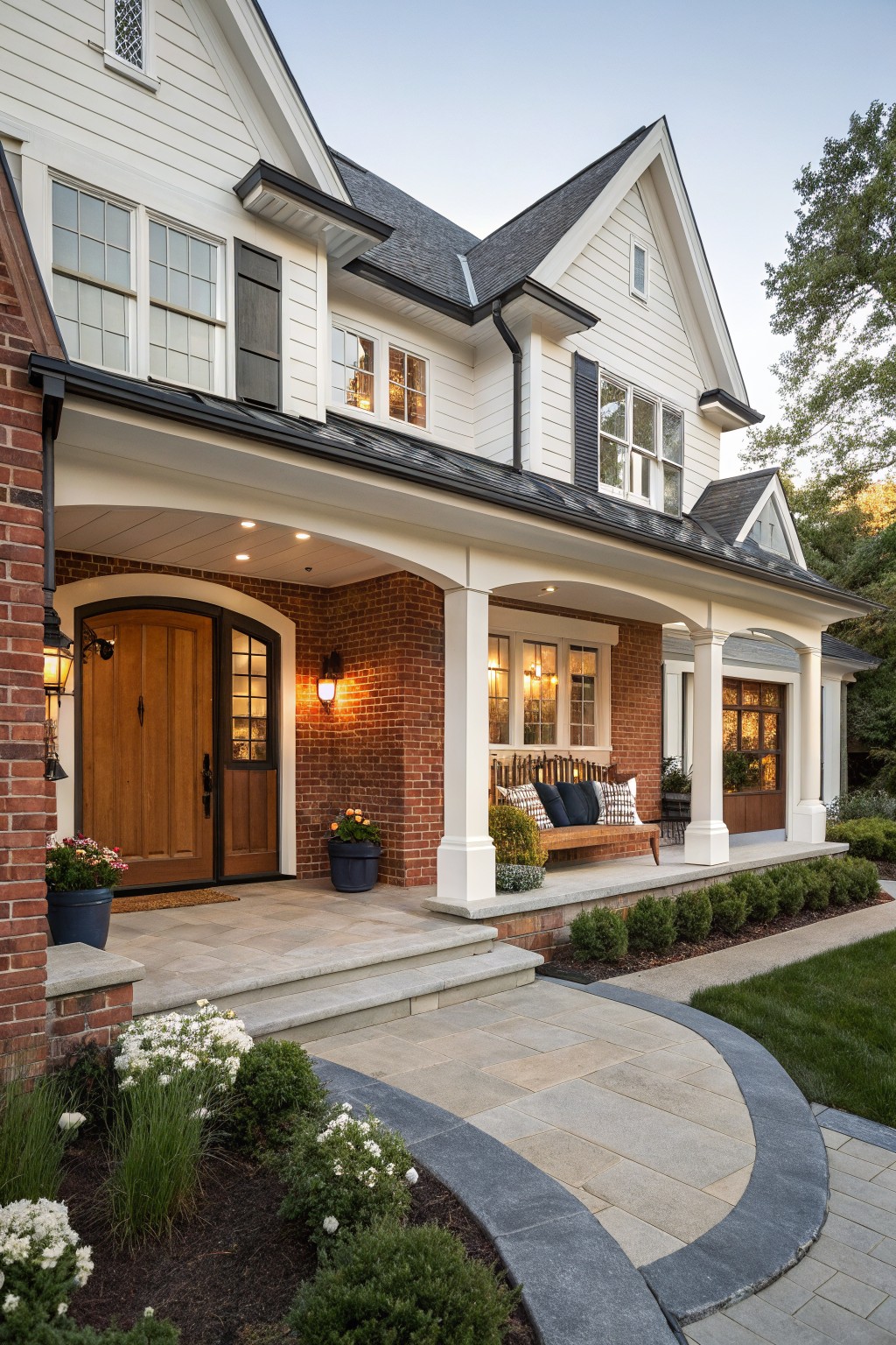 Front view of a two-story house with white clapboard siding, red brick porch featuring arched wooden entry door, white columns on brick pillars, hanging lanterns, potted plants, wooden swing, and curved stone pathway with landscaping.