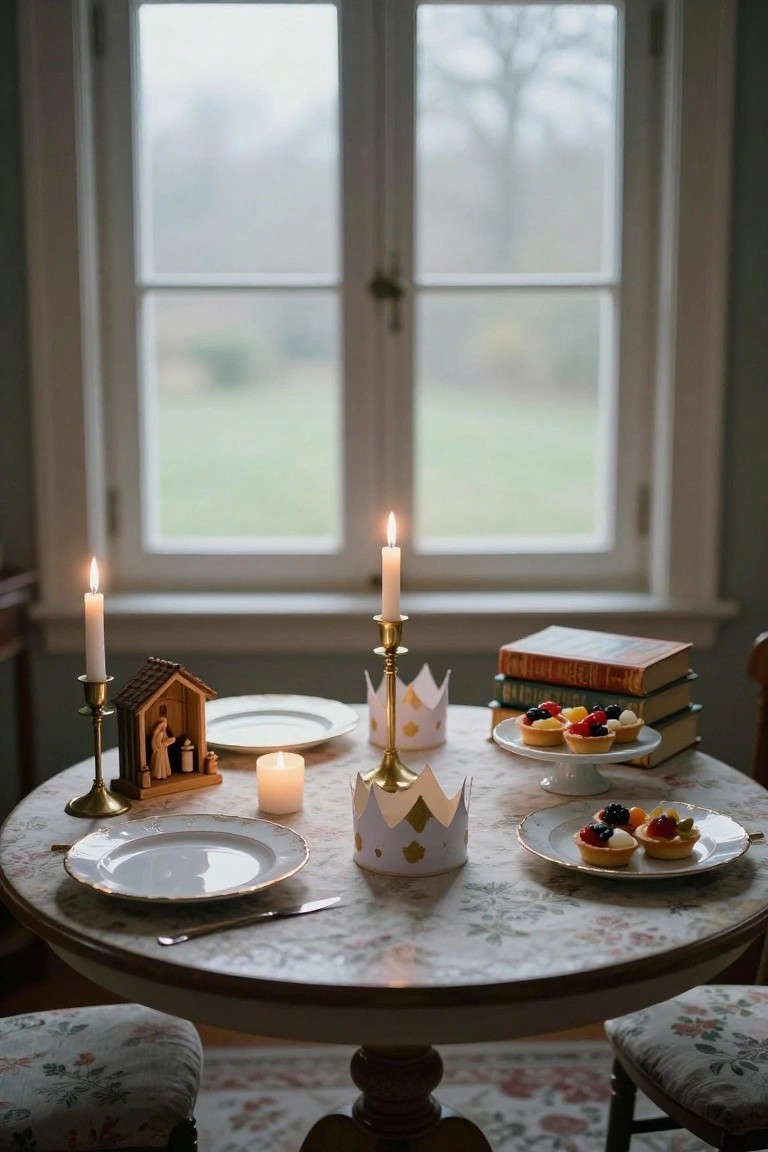 Round wooden table in a room set with lit candles in brass holders, paper crowns, wooden nativity scene, stacked books, white plates, and fruit-topped pastries on stands, floral tablecloth, two chairs, and large window showing garden view.
