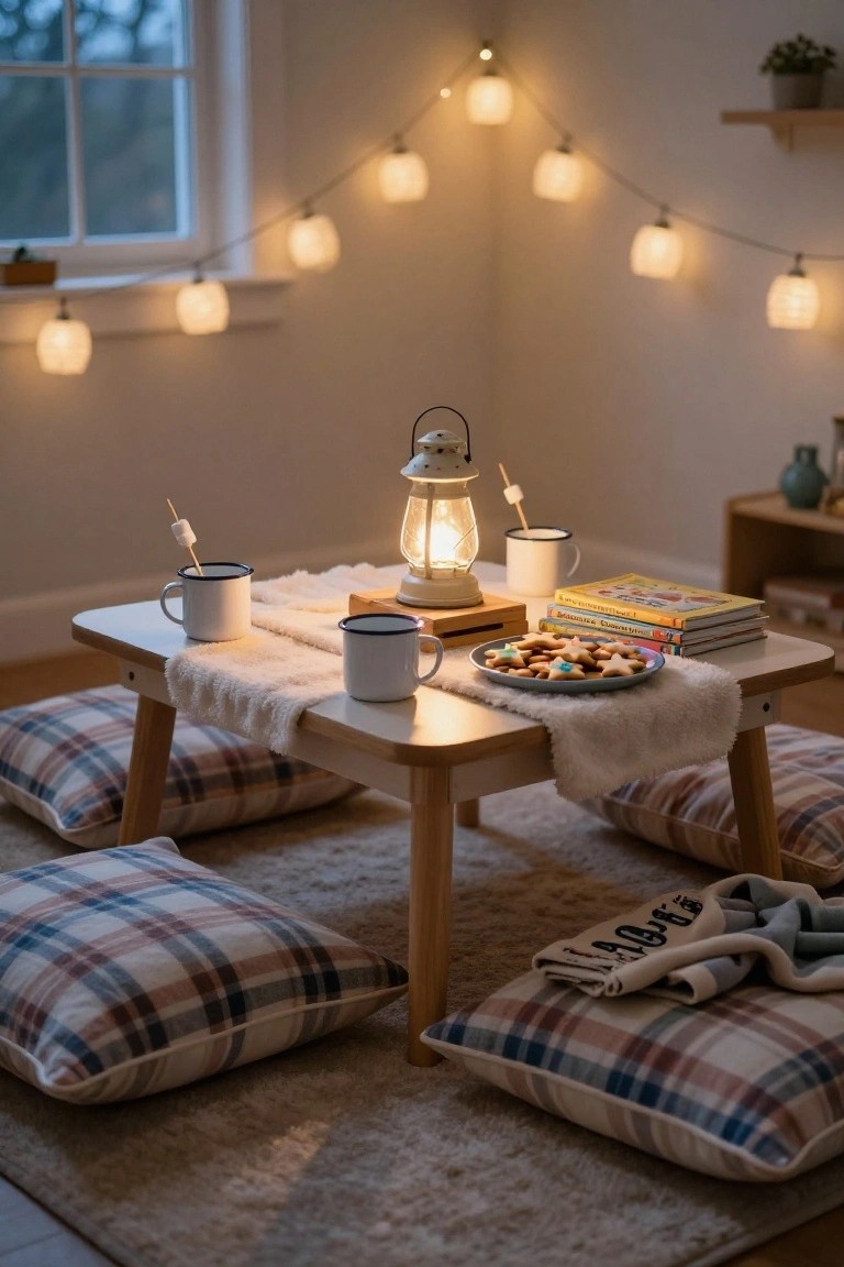Low wooden table on a beige rug surrounded by four large plaid floor cushions, set with two white enameled mugs containing marshmallows on sticks, a blue plate of star-shaped cookies, stacked children's books, a lit lantern, and a wool throw, with string lights and potted plants in a warmly lit room.