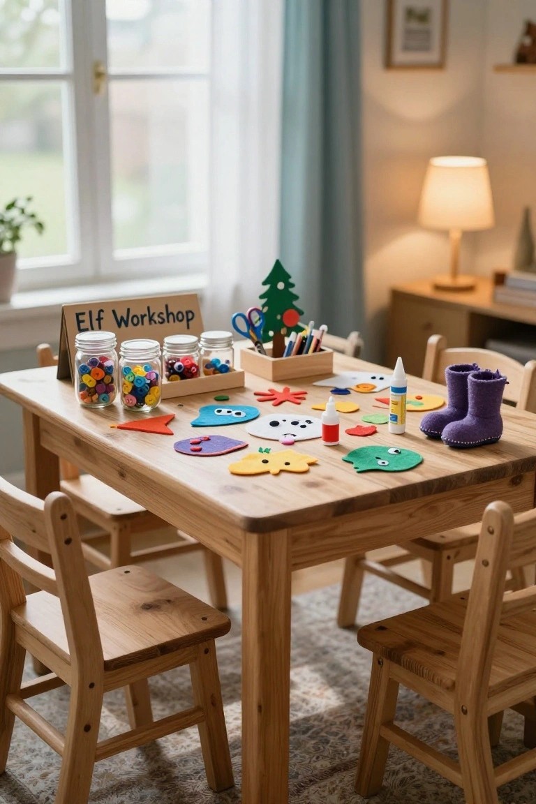Wooden kids' table arranged as an elf workshop with jars of colorful buttons, felt shapes, scissors, glue, and a sign reading 
