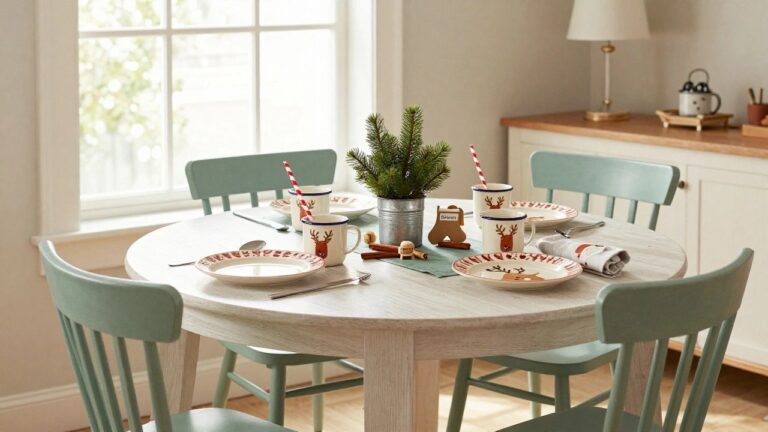 A round light wood dining table set for Christmas in a light-filled room with large windows, featuring reindeer enamelware mugs and plates, a small potted pine tree, wooden toys, cinnamon sticks, and chairs with orange seats on a green rug.