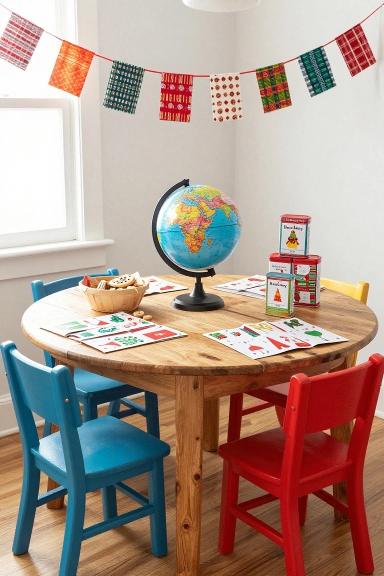 A round wooden table in a children's room with blue and red chairs, decorated with wooden bowls, holiday cards, and stacked Christmas tins, under colorful fabric bunting garlands and beside a globe.