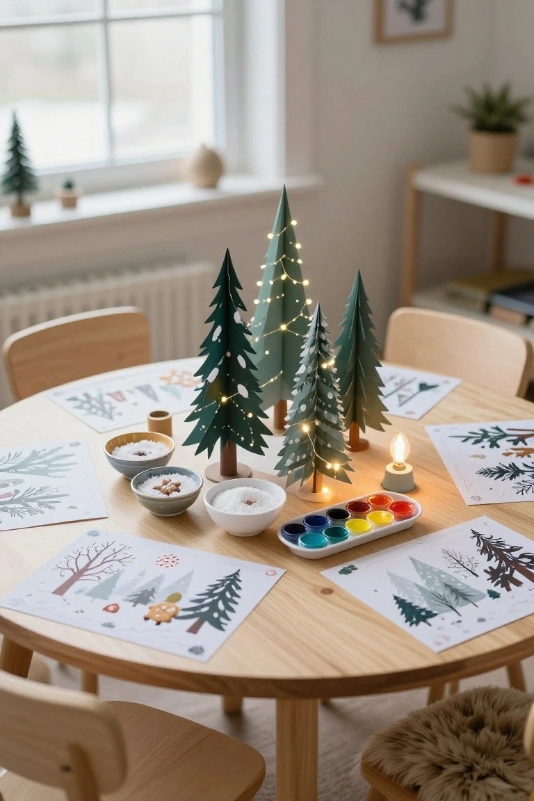 A wooden kids' table decorated with multiple green paper Christmas trees lit by fairy lights, craft paints, small bowls of snacks, and illustrated winter placemats around wooden chairs in a light-filled room.