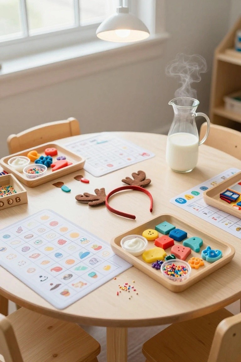 Wooden kids round table with trays of colorful play dough, sprinkles, reindeer cutouts, a glass jug of milk, and small chairs around it in a bright room.