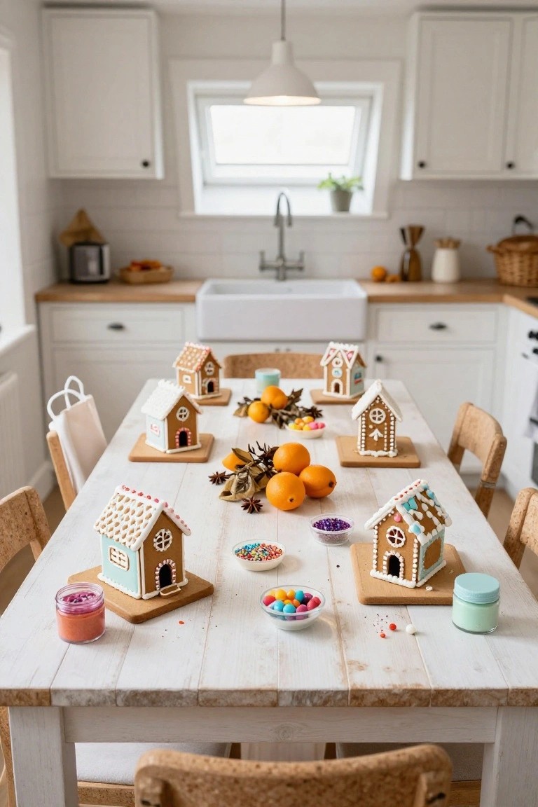 White kitchen with wooden dining table holding several small gingerbread houses on bases, surrounded by candy bowls, oranges, pinecones, and jars of icing.