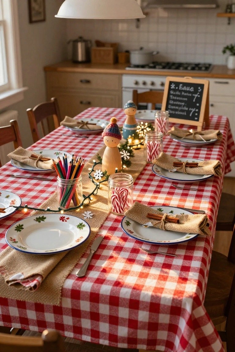 Cozy kitchen dining table set for Christmas with red and white checkered tablecloth, wooden gnome figures as centerpieces, mason jars filled with candy canes and colored pencils, burlap-wrapped napkins with cinnamon sticks, and blue-rimmed white plates.