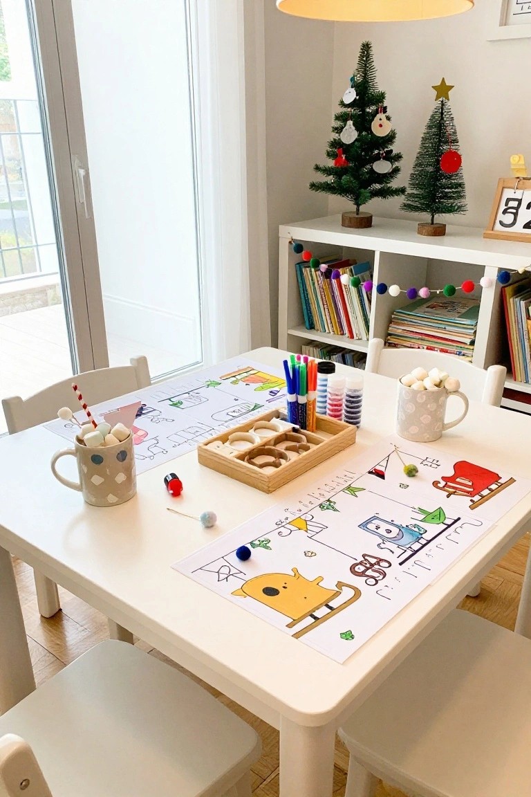 A white kids table in a bright room with Christmas-themed coloring sheets as placemats, hot chocolate mugs with marshmallows and striped straws, colored markers, beads, wooden trays, and small decorated Christmas trees on nearby shelves.