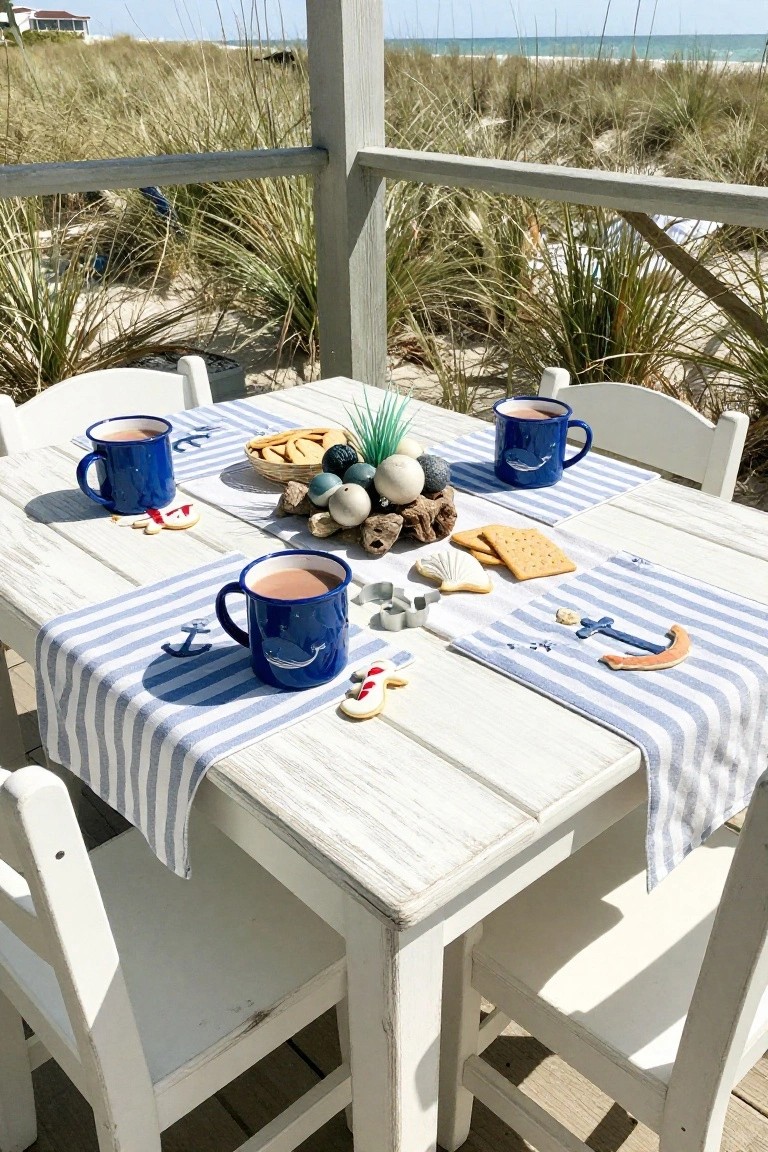 Wooden porch table set with blue mugs of hot chocolate, nautical-shaped cookies, shells, and striped runner, surrounded by white chairs and overlooking beach dunes and ocean.