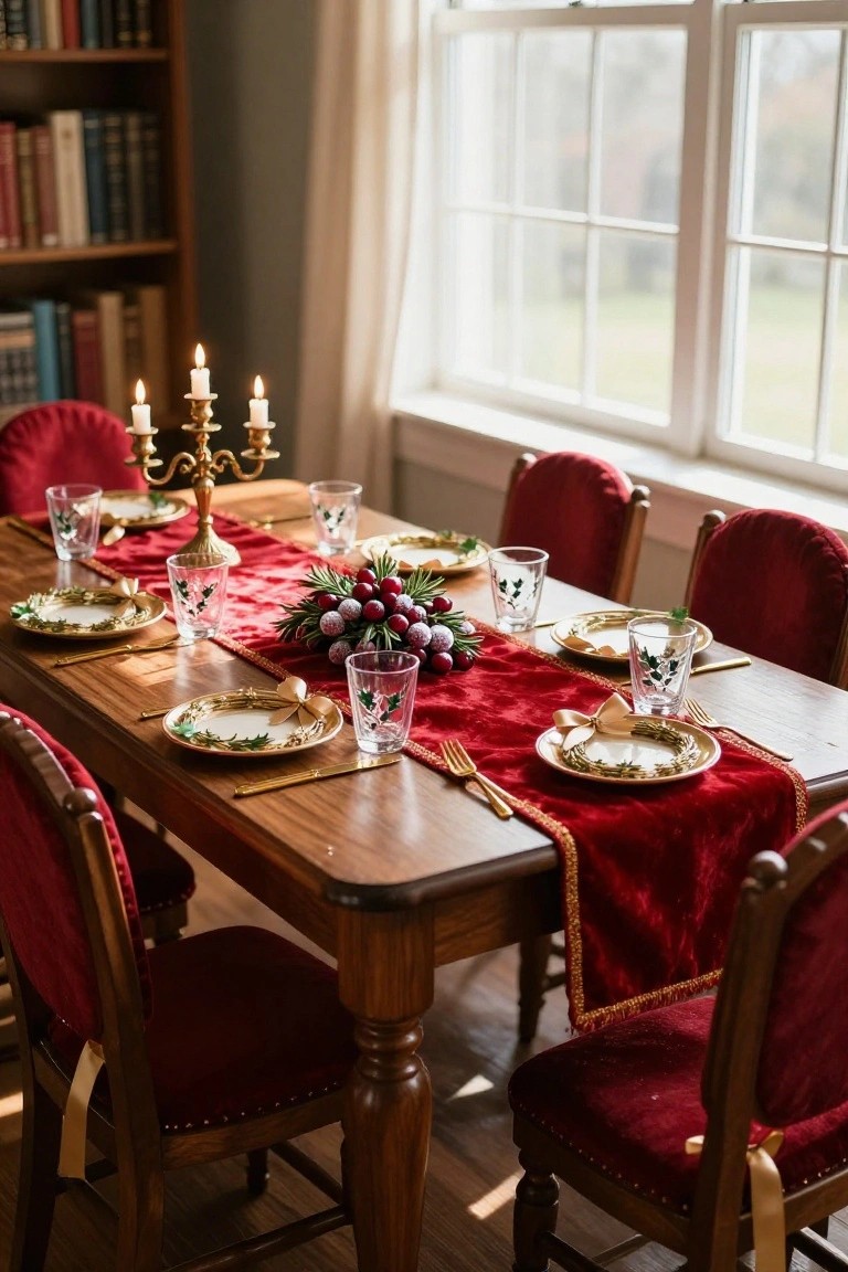 Wooden dining table in a room with bookshelves and large windows, set for Christmas with red velvet runner, gold-rimmed plates, holly-printed glasses, berry centerpiece, gold candelabra, and red upholstered chairs.