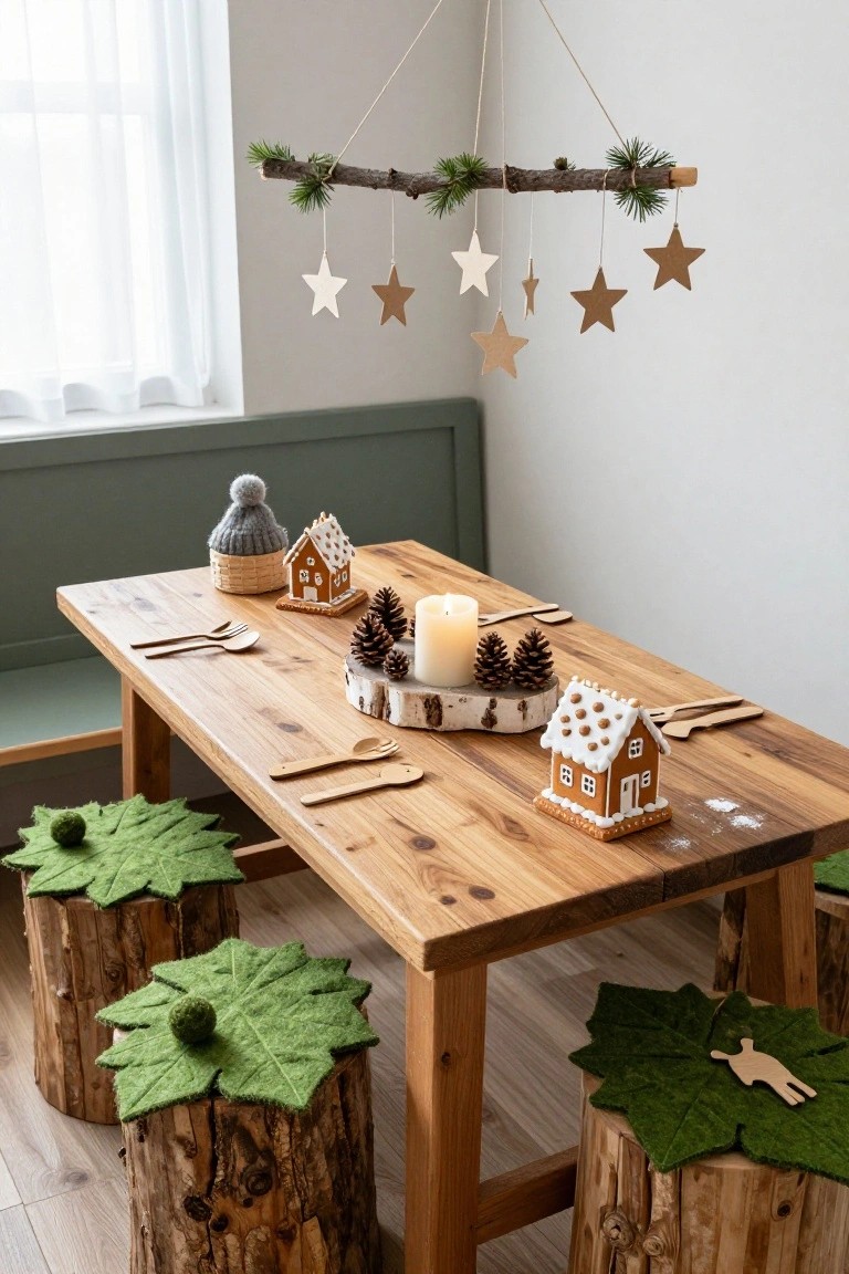 Wooden dining table decorated with gingerbread houses, pinecones, birch log candle holder, wooden utensils, and tree stump stools topped with green felt maple leaves, under a hanging branch mobile with stars.