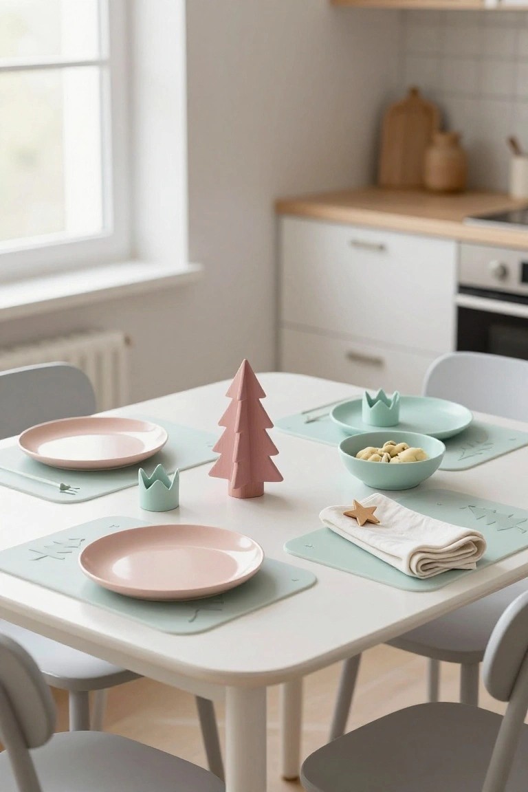 A white rectangular table set for children with mint green and pink silicone placemats printed with trees, matching plates and bowls holding peas, a central pink wooden Christmas tree, small crowns, and a folded white napkin with a gold star, surrounded by grey chairs in a bright kitchen.