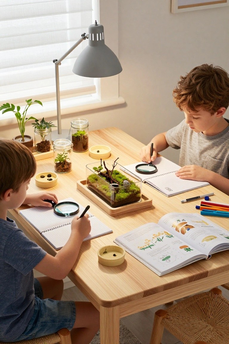 Two young boys at a light wooden table examining terrariums, moss displays, plants in glass jars, and drawing with magnifiers and notebooks in a bright indoor room.