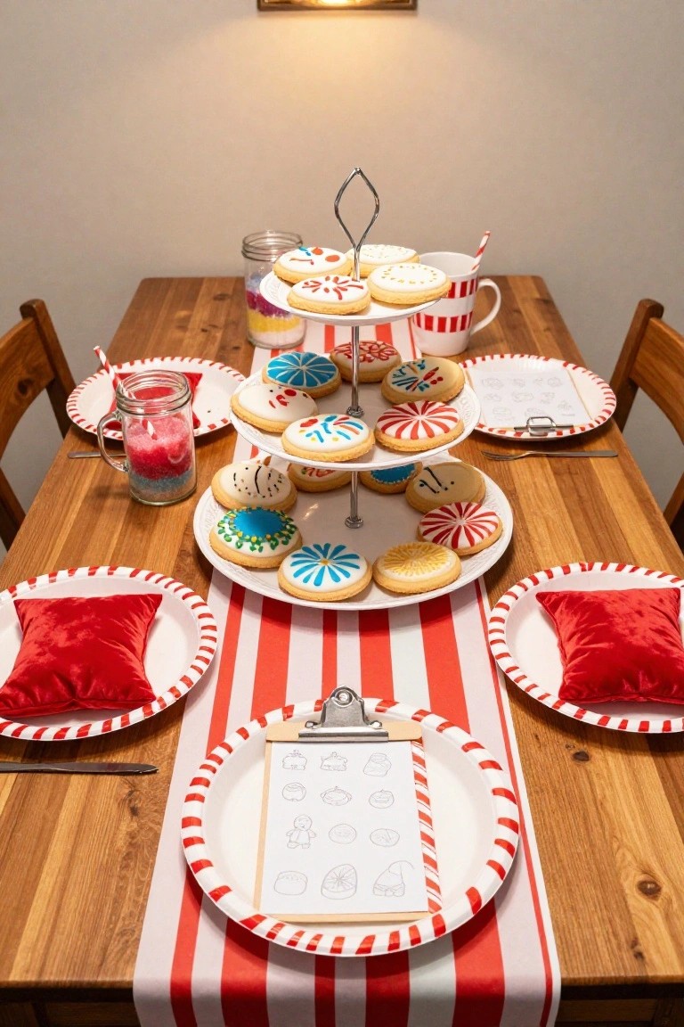 Wooden dining table decorated for Christmas kids with a three-tiered stand of frosted cookies in various colors and patterns, red and white striped runner, red pillows on paper plates, mason jars with candy, and a clipboard coloring sheet on one plate.